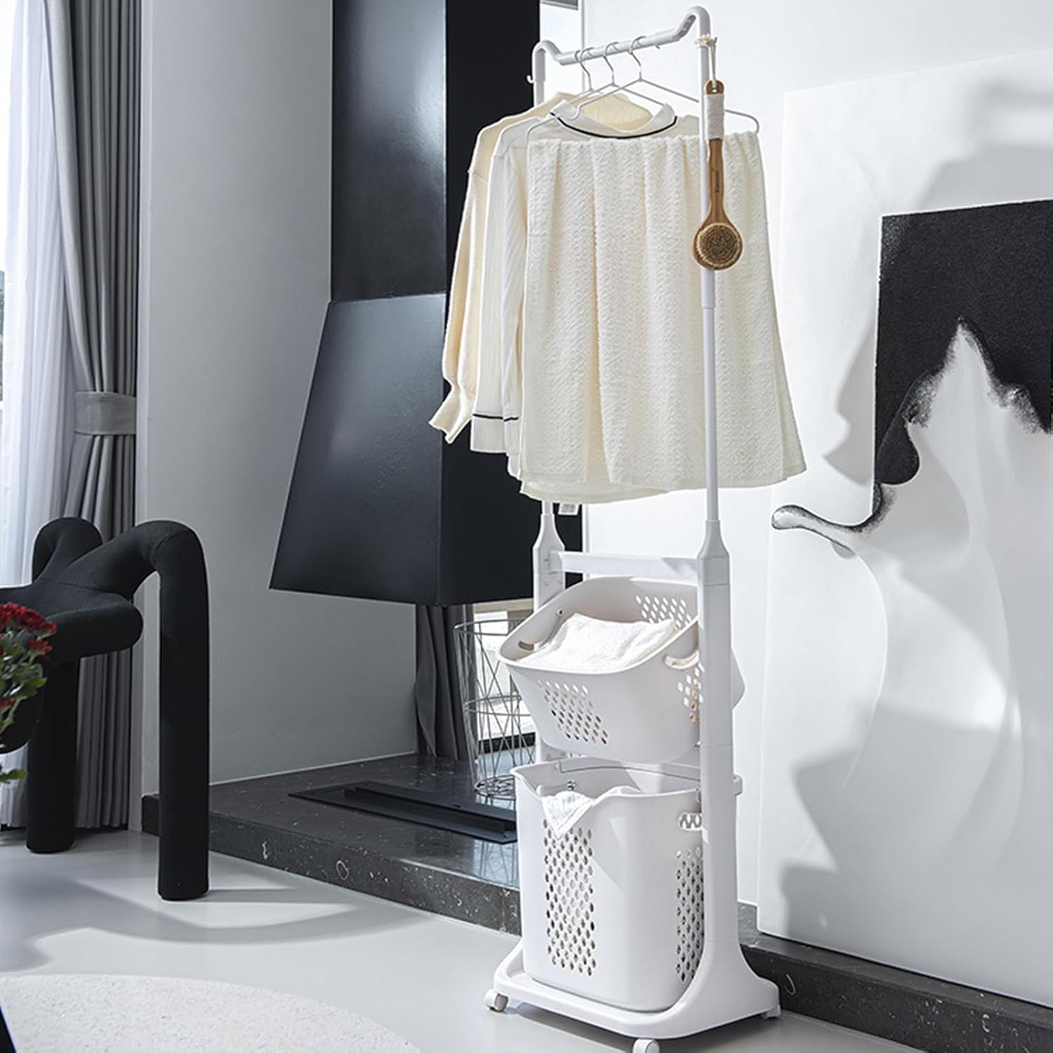 MOMOJIA Space Saving Designs Laundry Basket with Clothes Rack and Shoe Shelf Home Accessory for Bedrooms and Bathrooms