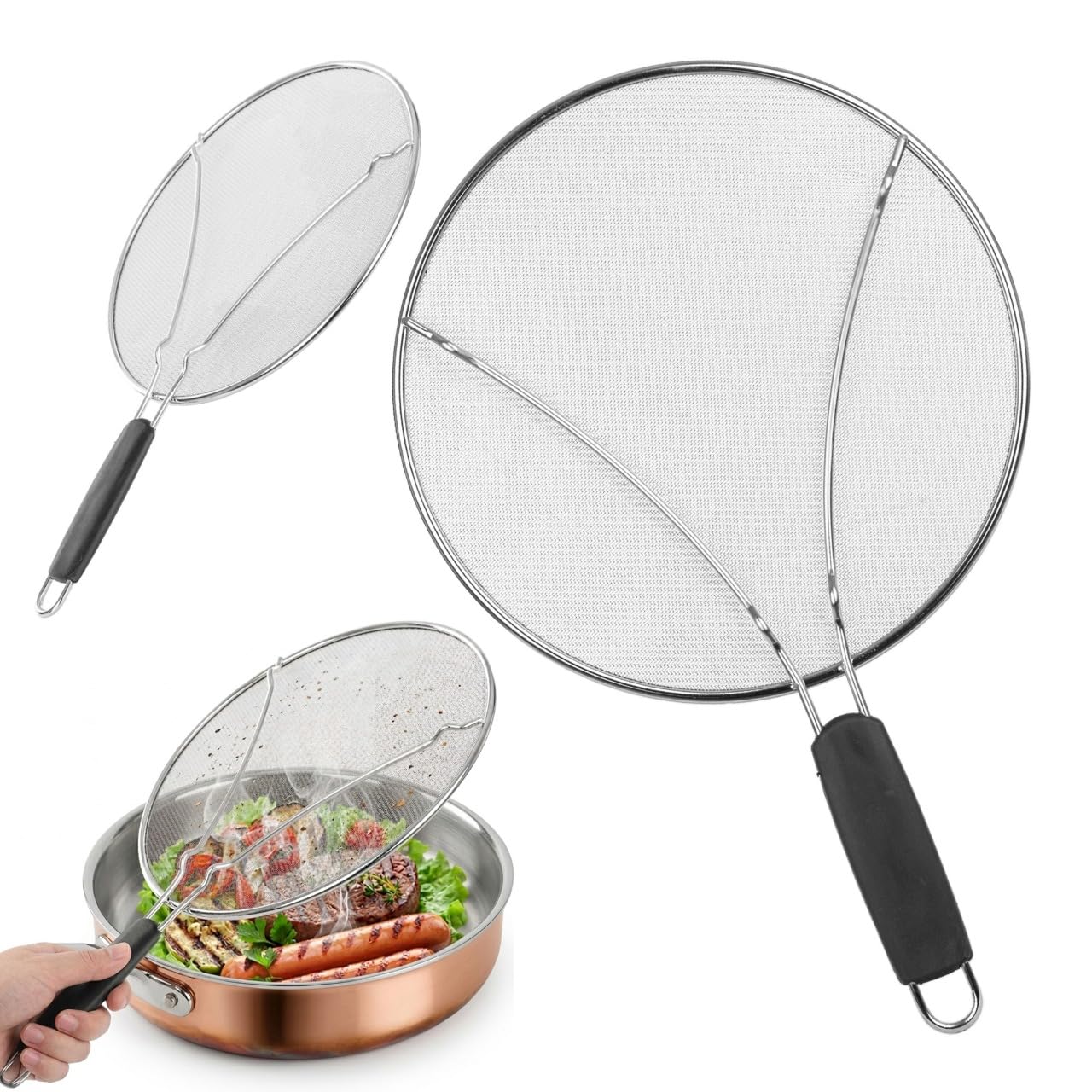 KADAX Padella paraspruzzi Ø 25 cm, in acciaio inox con rete a maglia fine, coperchio paraspruzzi per padella, utensili da cucina contro la spruzzatura dell'olio (argento)