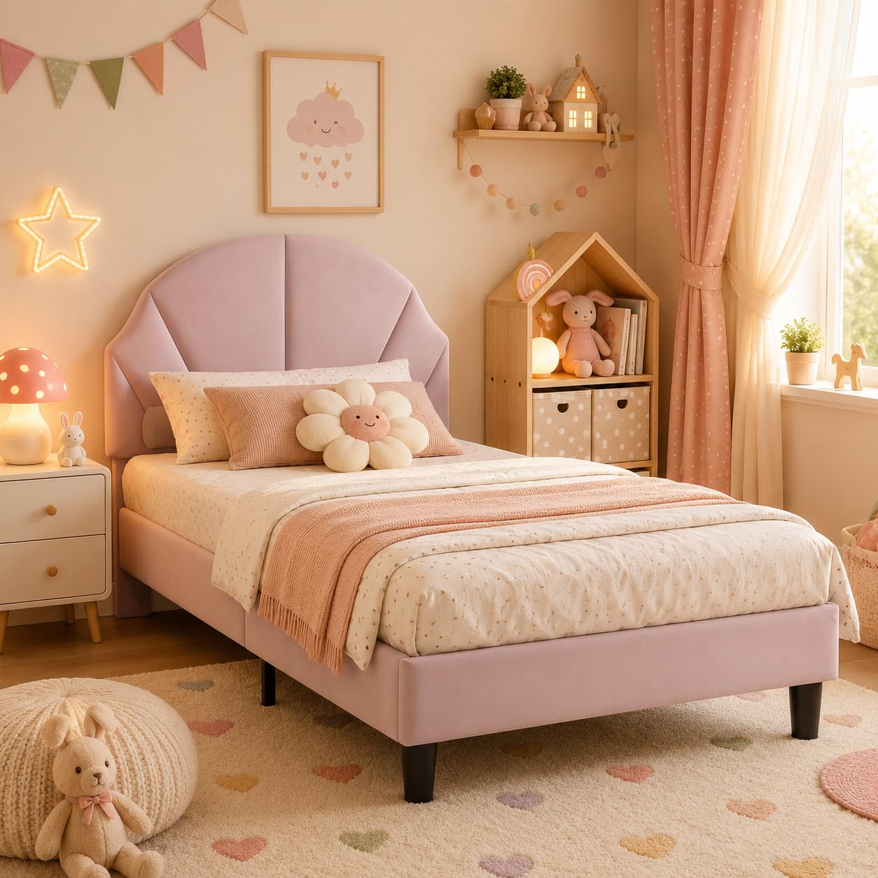 Letto singolo 90 x 200 cm, letto per bambini imbottito con rete a doghe per bambina, letto giovane imbottito con testiera regolabile per cameretta dei bambini, senza materasso