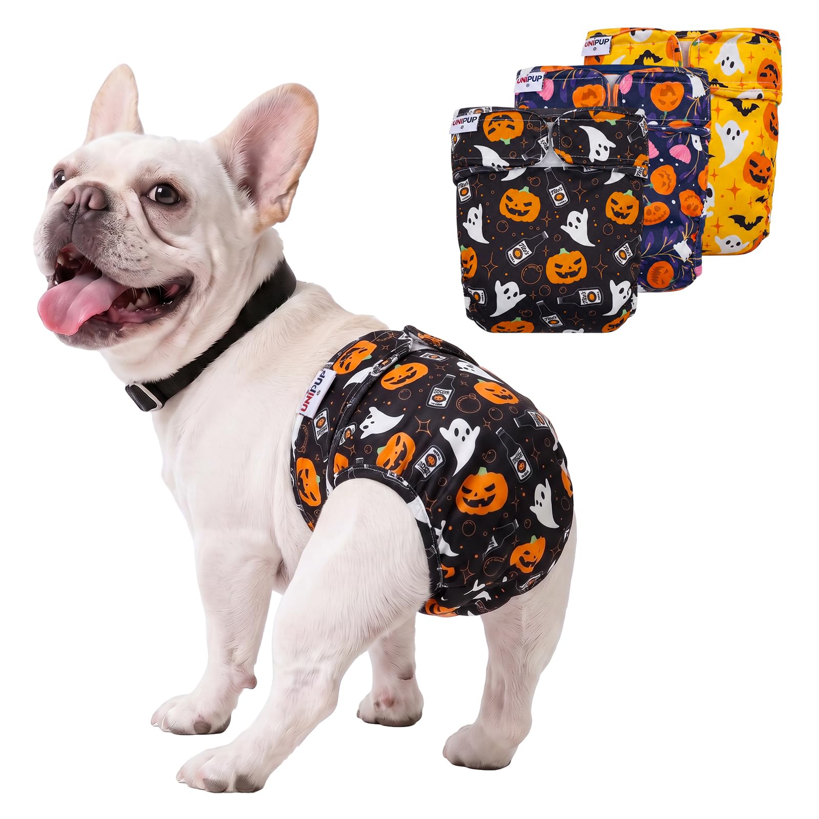 UNIPUP Halloween Female Dog Diapers Reusable No Tail Hole Period Panties Washable 3 Pack Diapers Female for Docked-Tail Frenchie French Bulldog Boston Terrier Without Tail U-WWD09M