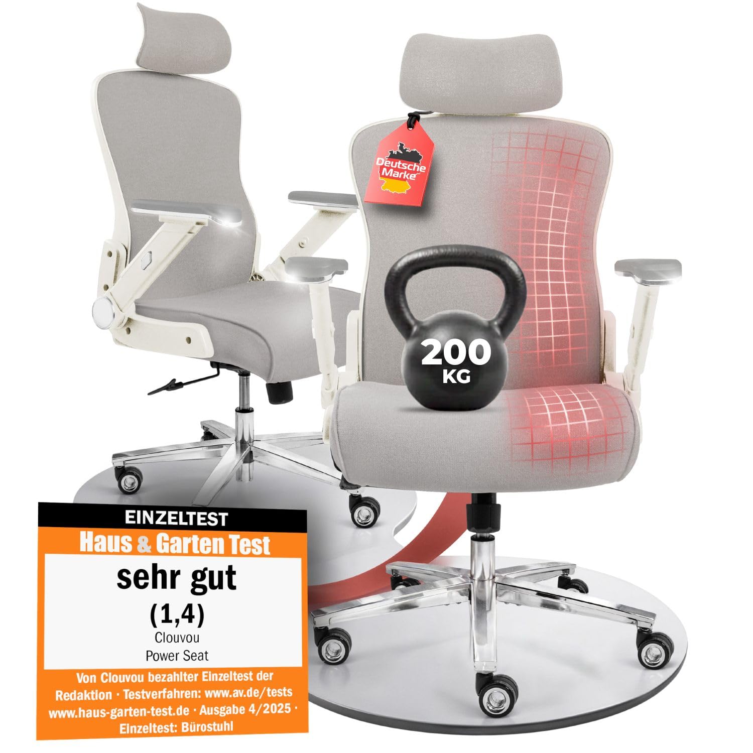 CLOUVOU PowerSeat Ergonomischer Bürostuhl 200kg [TESTSIEGER] Extra breit | Drehstuhl Schreibtischstuhl | Büro Stuhl & Gaming Stuhl | Home Office Chair Ergonomic | Atmungsaktiver Chefsessel