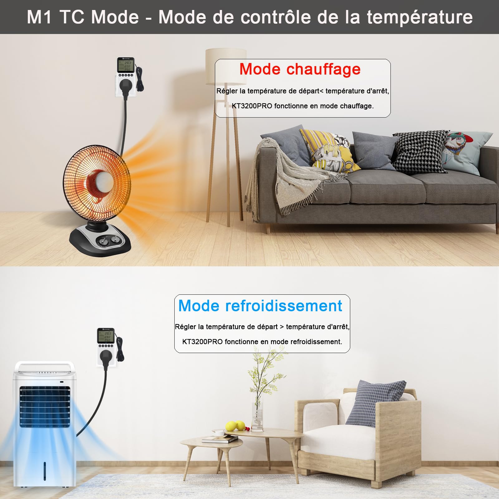 KETOTEK termostato con día/Noche Temporizador para calefacción/refrigeración, Control de Temperatura Temporizador, regulador de Temperatura Digital 220 V con sonda