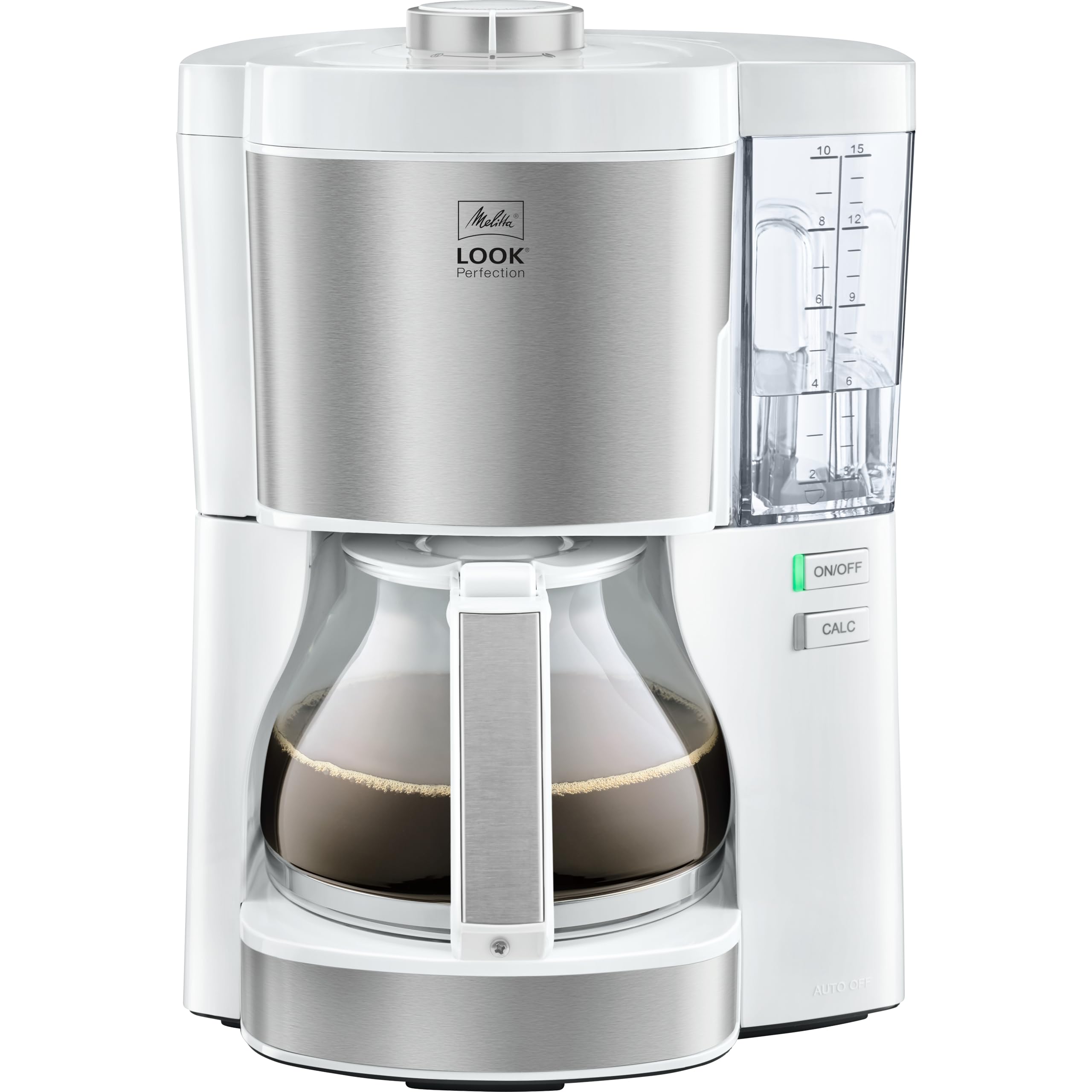 Melitta Look Perfection – Filterkaffeemaschine mit Glaskanne und entnehmbarem Wassertank, für bis zu 10 Tassen, in Weiß/Edelstahl