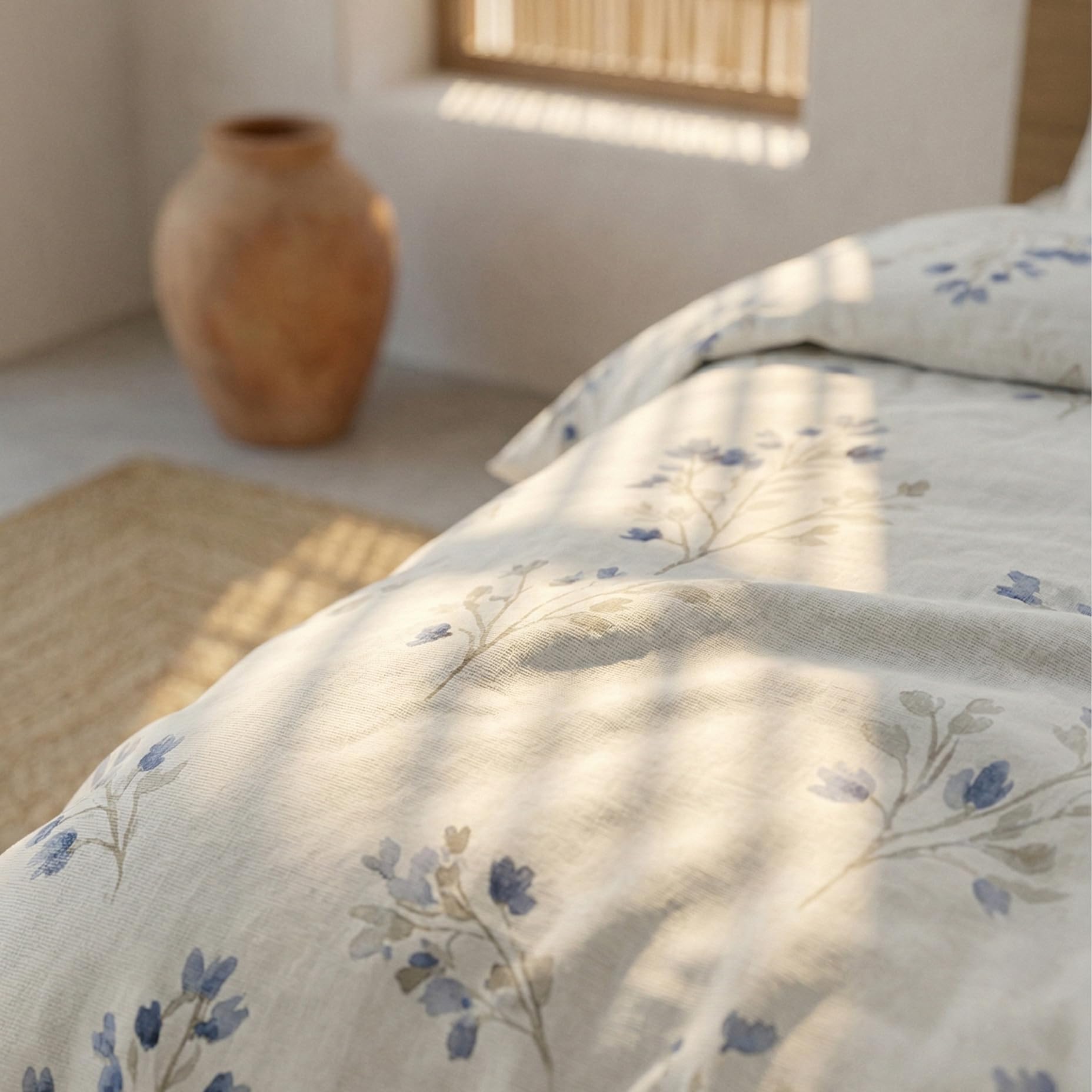 Juego Funda nórdica Cama 180/200 100% algodón, Funda edredón 260x240 cm + 2 Funda Almohada 50x90 cm, Estampado Floral, Azul.