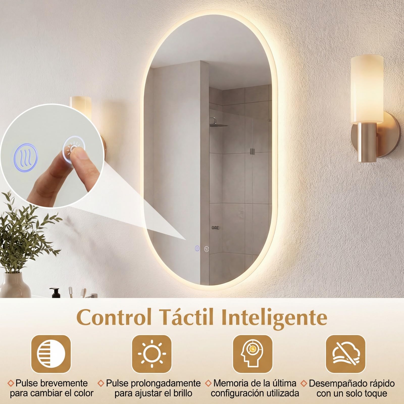 COSTWAY Espejo de Baño Iluminado con LED, Espejo Ovalado sin Marco con Luz, Vidrio Templado HD Antiimpacto Seguro, Función Antivaho, Interruptor Táctil y Temperatura de Color Regulable (90 x 55 cm)