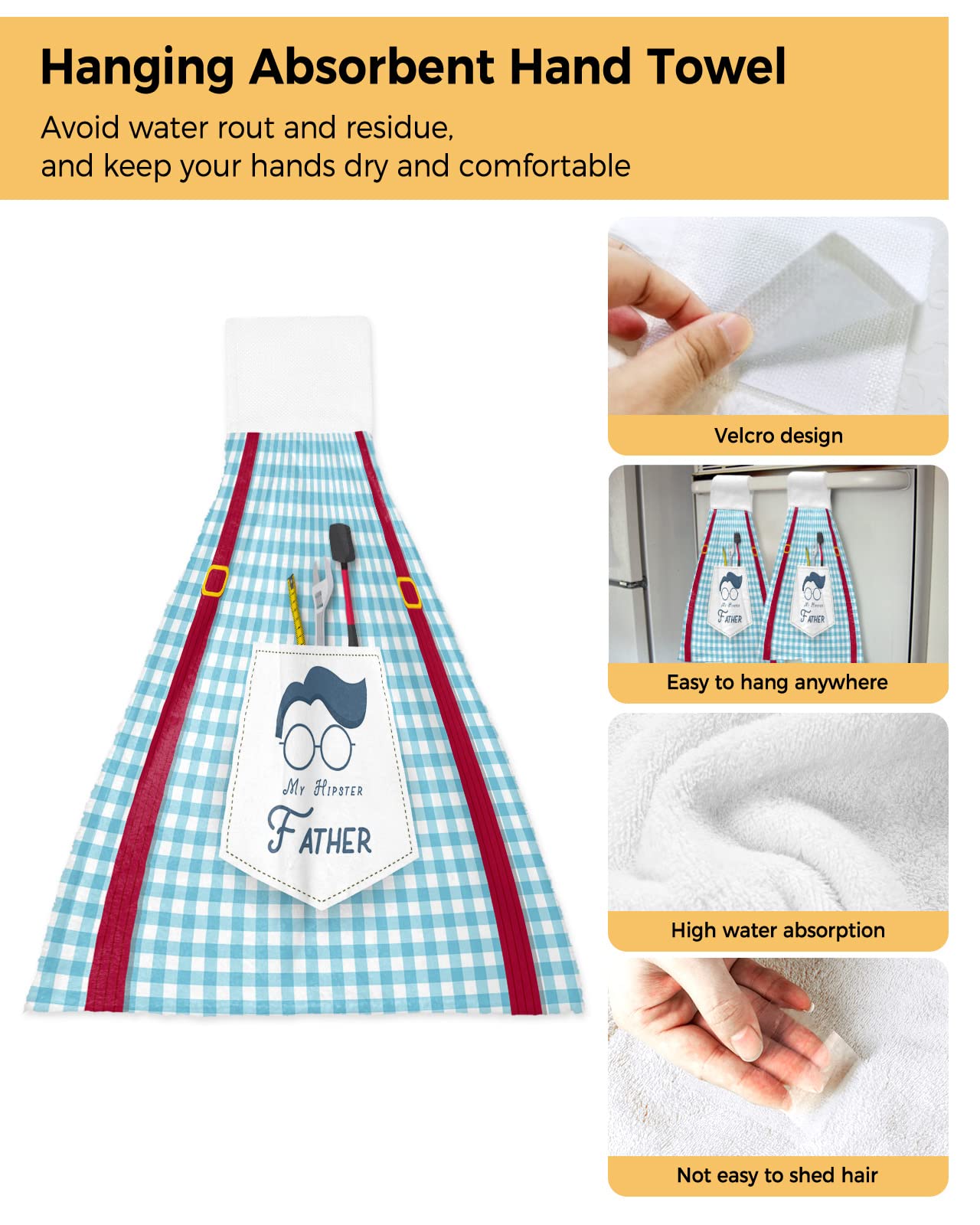 Buffalo Check Happy Father's Day Kitchen Hand Towels with Hanging Loops,Red Stripe Repair Tool Super Soft Thick Oven Fingertip Dry Microfiber Tie Dish Towel Absorbent Cleaning Washcloth Set of 1
