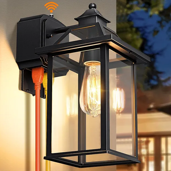 Porch Light with GFCI Outlet, 14'' Large Dusk to Dawn Outdoor Lights for House, Waterproof Exterior Lighting Fixtures, Black Anti-Rust Outside Wall Mount Sconce for Patio Front Door Entryway, E26