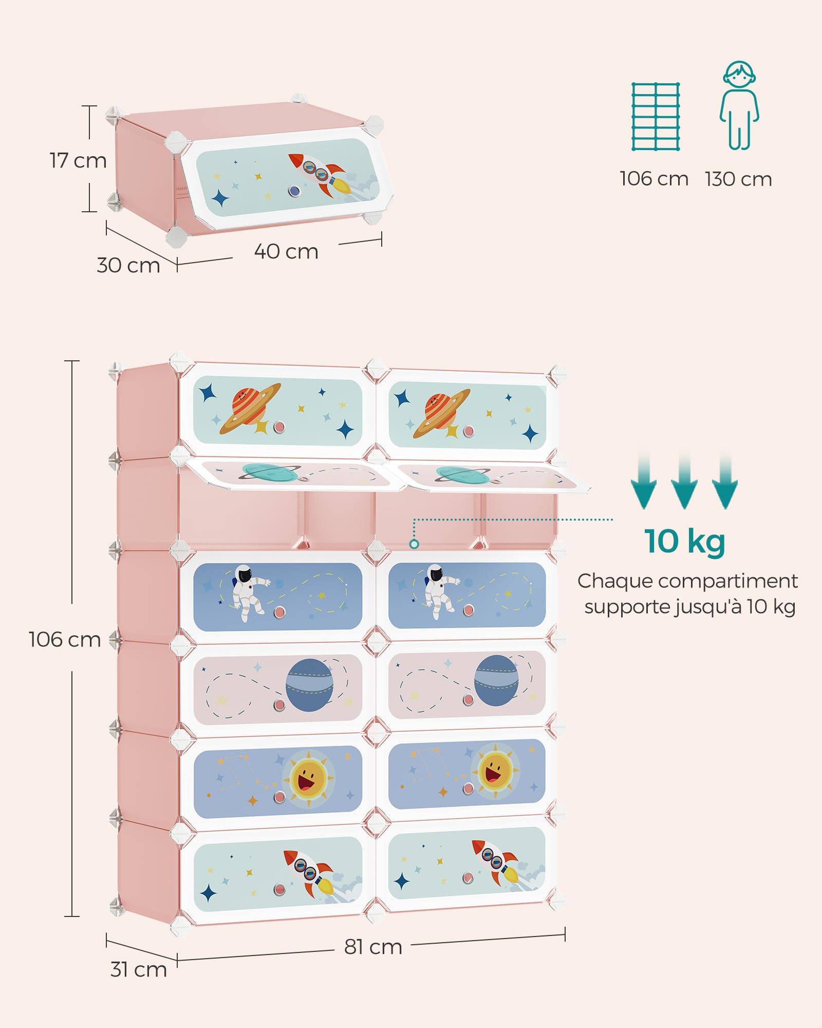 SONGMICS LPC907R01 Étagère modulaire à 12 Cubes en Plastique avec Portes pour vêtements, Chaussures, Jouets 31 x 81 x 106 cm Rose