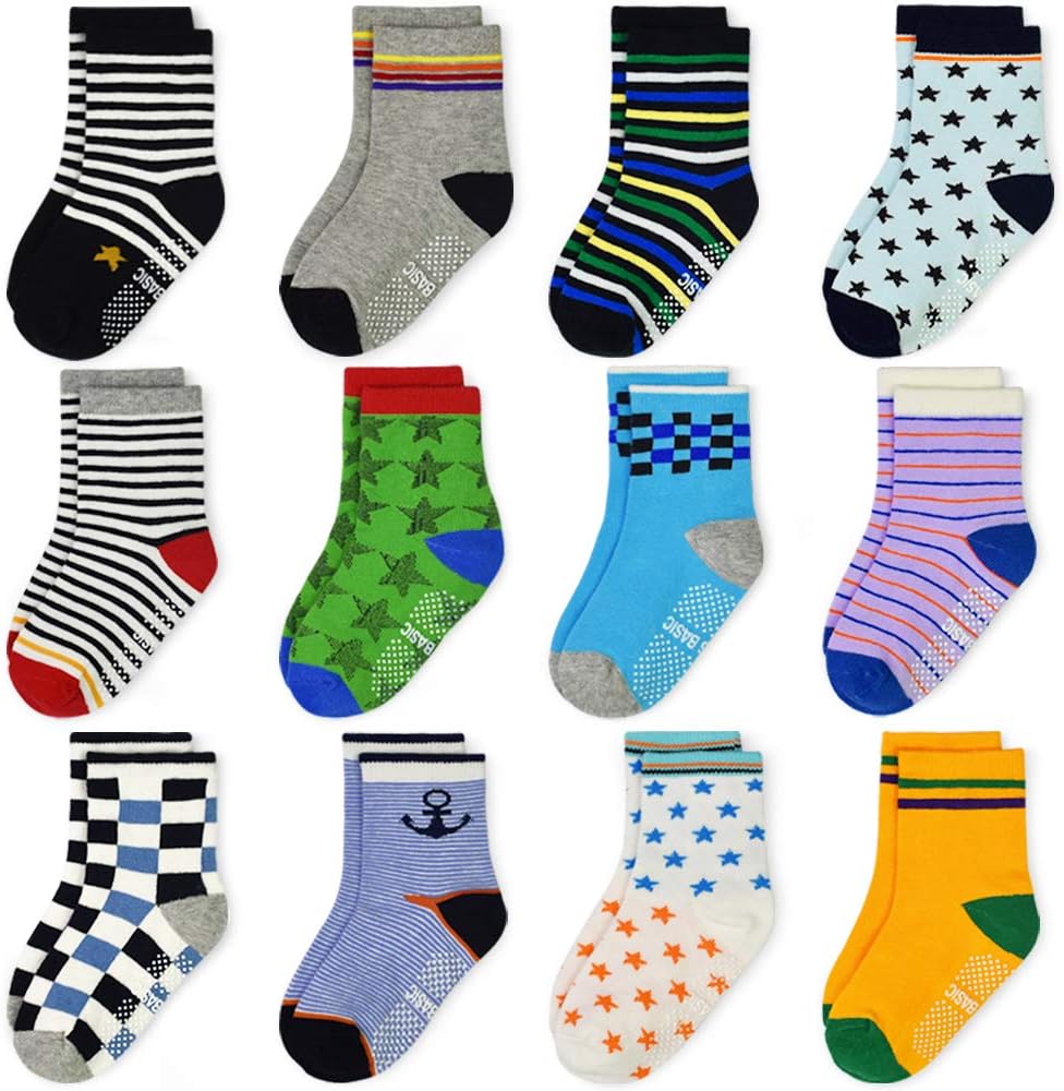 Tphon Toddler Boy Socks with Grips 12 Pairs Kids Anti Slip Cotton Crew Socks for Boys, Girls 1-7 Years