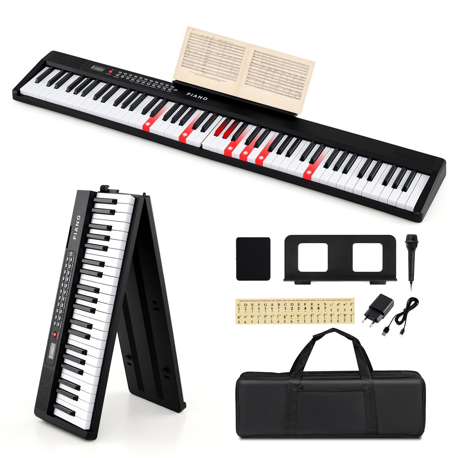 DREAMADE Keyboard Piano 88 Tasten, E Piano faltbares Klavier, mit 1000 Sounds, 1000 Rhythmen, 150 Demo-Songs & MIDI, tragbares Digitalpiano mit Mikrofon & Pedal für Anfänger