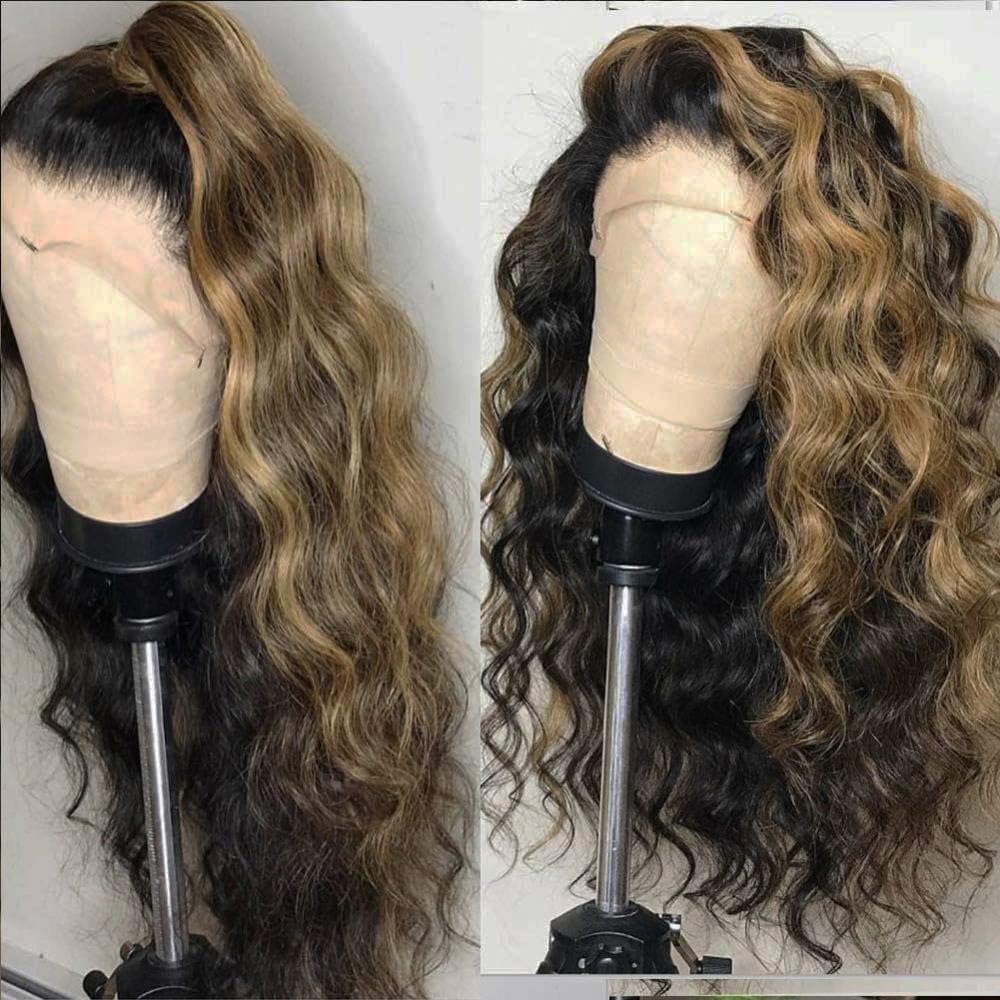 Ombre Brown Highlight 13x4 HD Transparent Lace Front Wigs #1B/27 Human Hair Pre Plucked Glueless Wigs 150% Density Natural Wave Human Hair Body Wave Wigs For Black Women (#1B/27, 14 Inches)