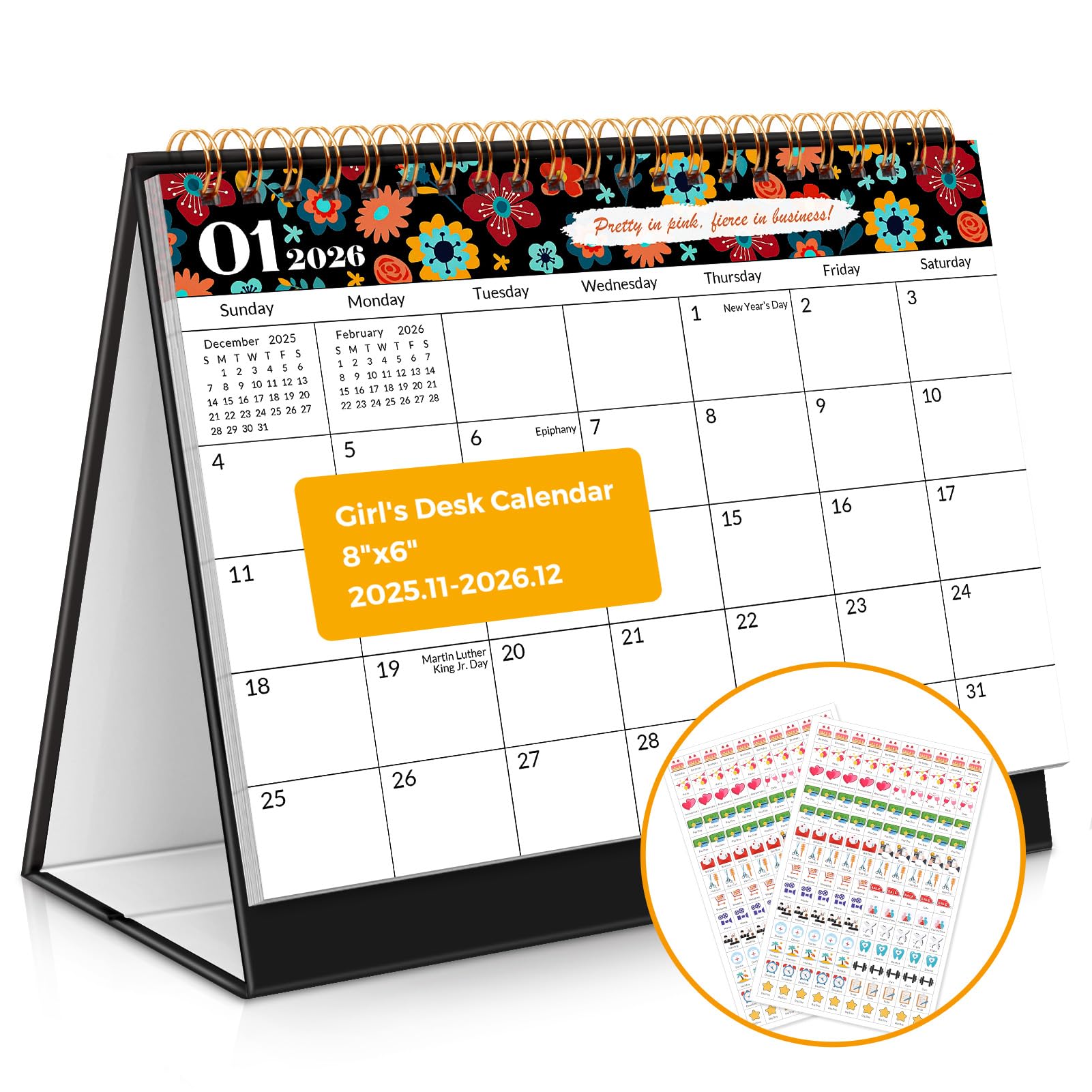 Desk Calendar 2026, 14 Month Small Desk Calendar (Nov 2025-Dec 2026) with Planner Stickers & Motivational Quotes, 8" X 6" Desktop Calendar for Home Office School (Floral)