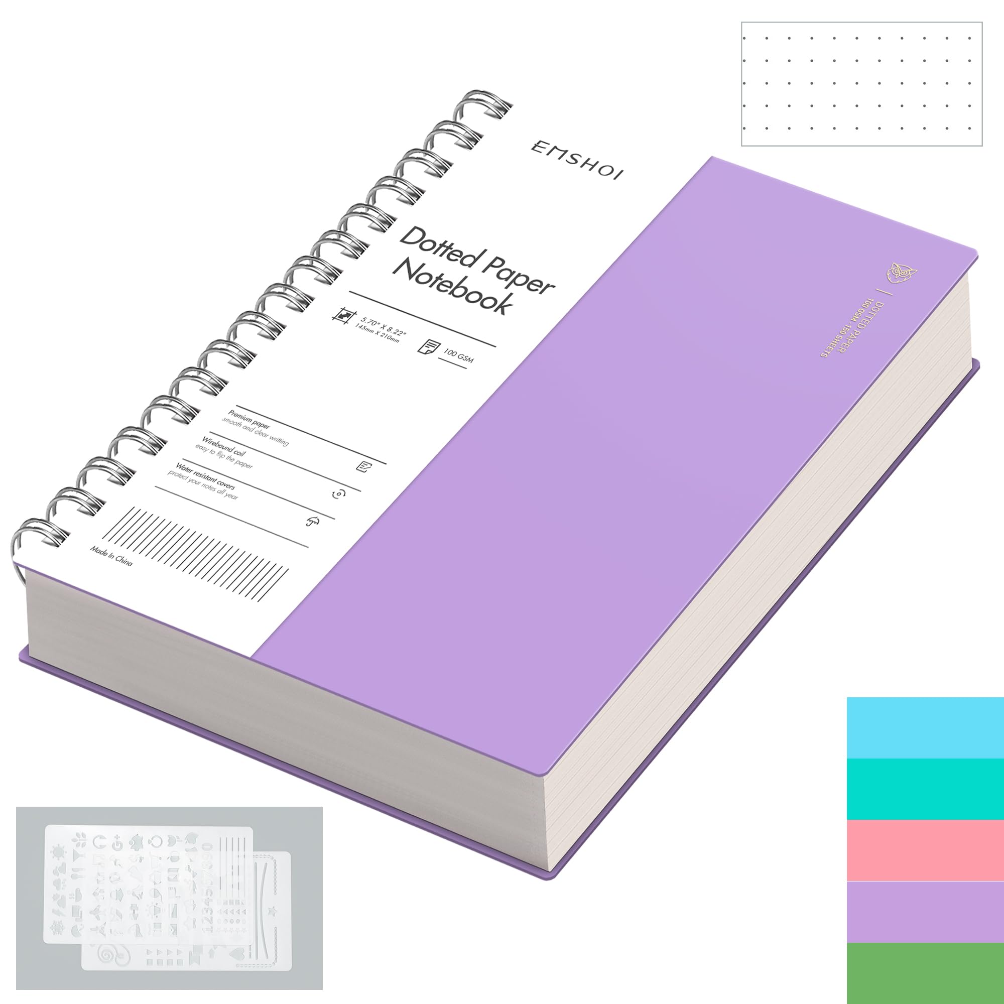 Notebook A5 Bullet Dotted Journal, 300 Pages/150 Sheets, 100gsm Dot Grid Paper, Waterproof Hardcover, Spiral Wirebound Notepad for Women Men Office School Work Writing, 14.5 x 21cm, Purple