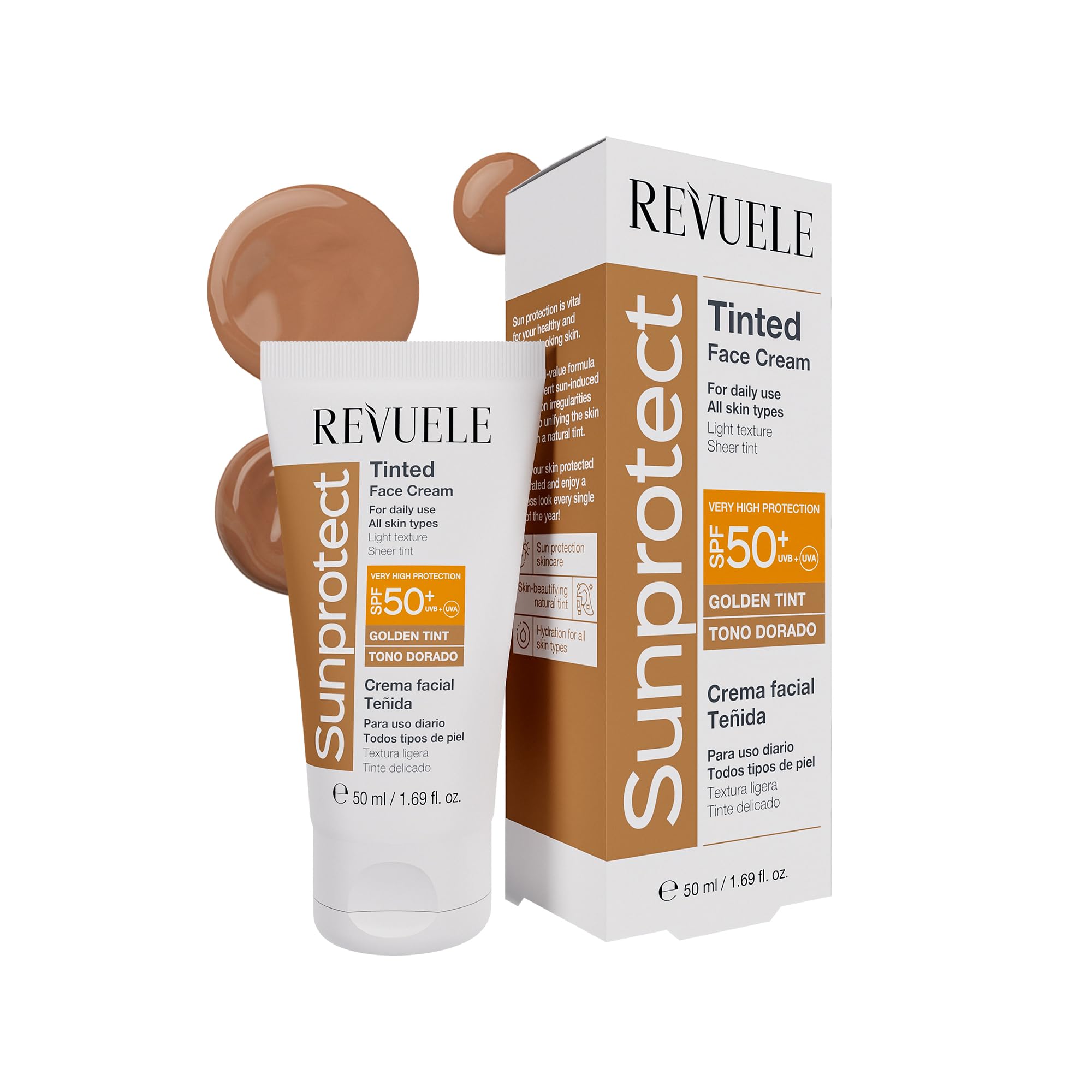 REVUELE SunProtect Tinted Face Cream Golden Tint SPF 50+ – Daily Tinted Moisturizer with Broad Spectrum UVA/UVB Protection, Niacinamide & Hyaluronic Acid, 50ml