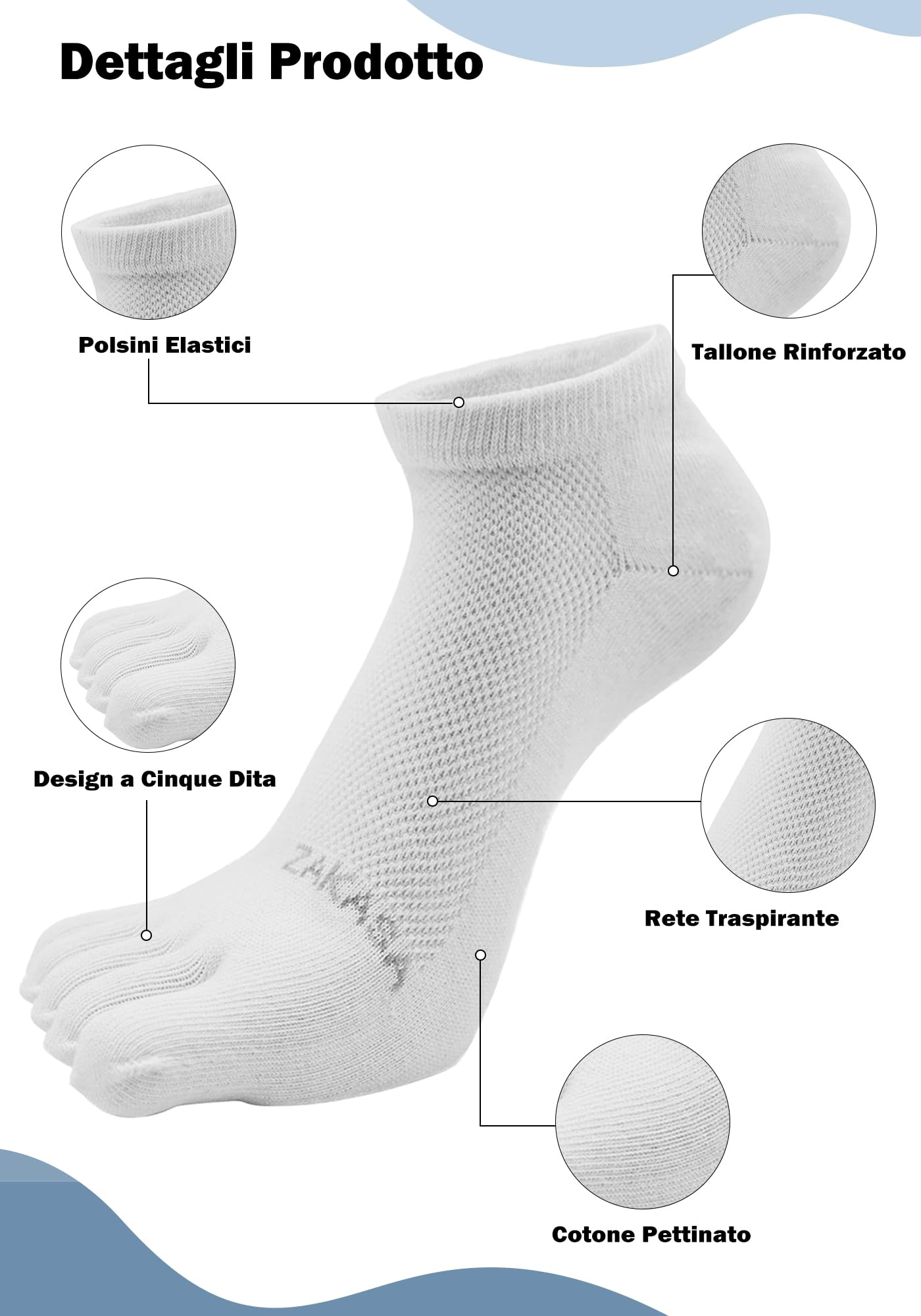 ZAKASA Calze Con Dita Uomo Sportivi: Cotone Calzini con Cinque Dita Calzino Corti 5 Dita Separate Traspiranti calzetti Five Finger per Running Fitness Sport 5 Paia