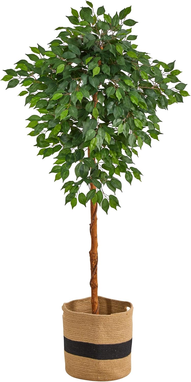Nearly Natural 6ft. Artificial Ficus Tree with Handmade Jute & Cotton Basket