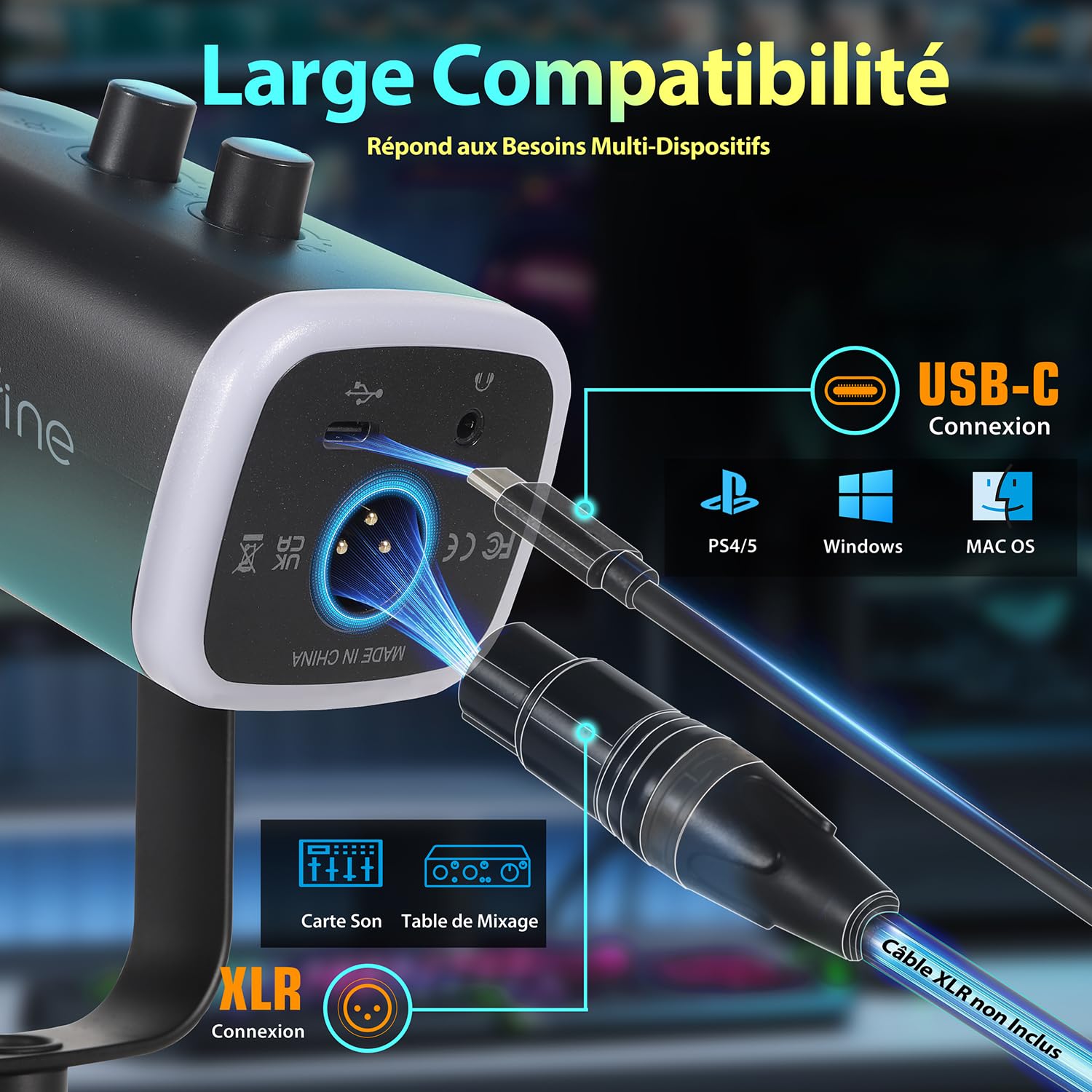 FIFINE USB XLR Gaming Micro Dynamique pour PC, RGB Streaming Microphone pour Podcasting, Broadcasting, Enregistrement Vocal, pour PS4/5 Mac PC Mixer Cartes Son