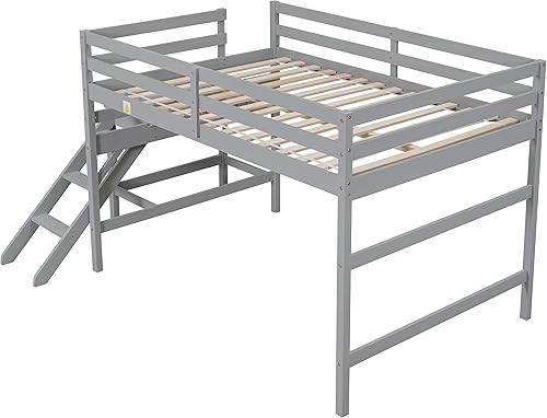 Miniatura 9 de CITYLIGHT Cama alta matrimonial con plataforma y escalera, cama baja de madera para niños, cama alta junior tamaño matrimonial con amplio espacio