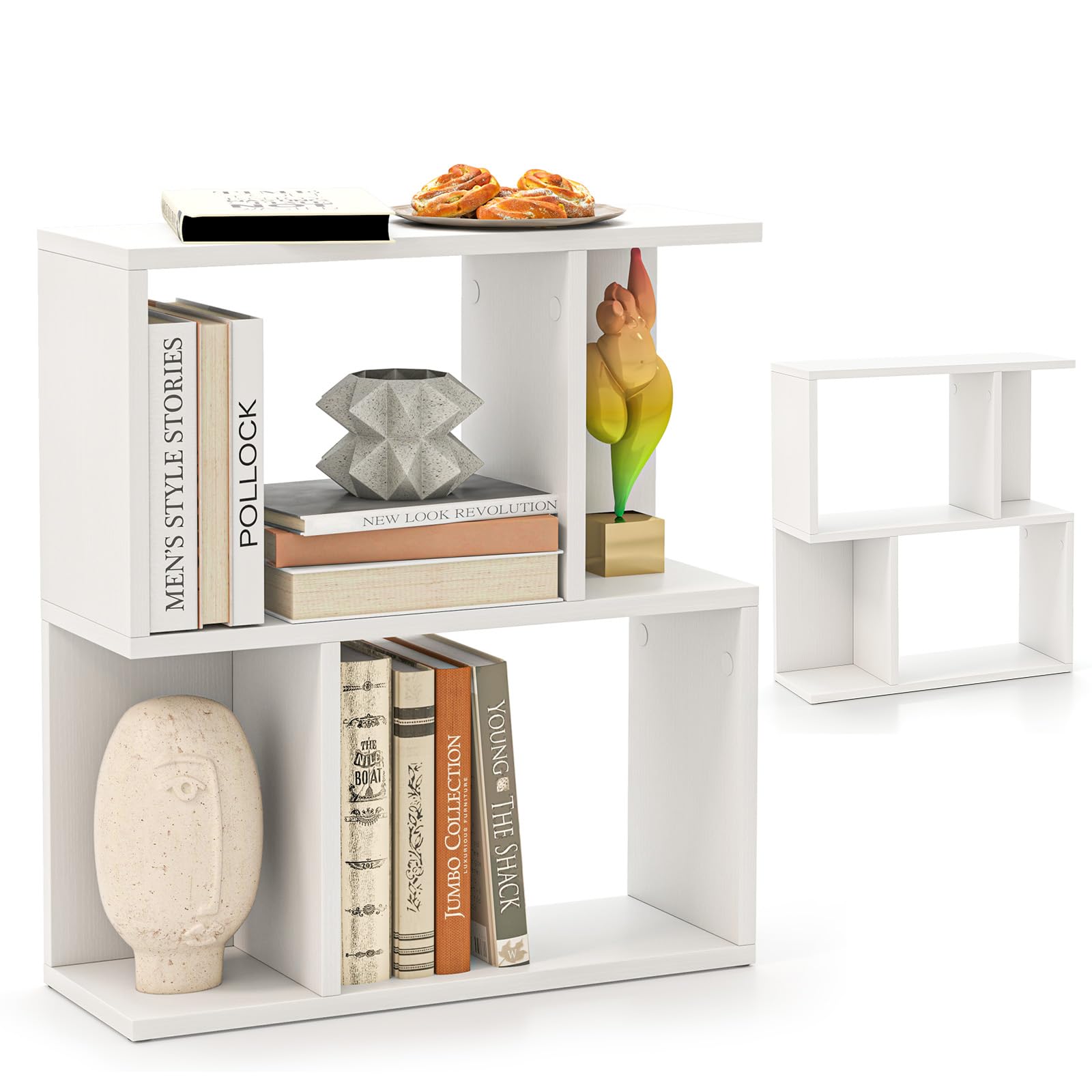 LIFEZEAL Tavolino da Divano, Tavolino Laterale da Salotto, a Forma di S, Bianco, Libreria a 3 Ripiani, Scomparti Aperti, Combinazione Libera, Salvaspazio, Moderno, per Soggiorno, 50x17,5x55,5cm