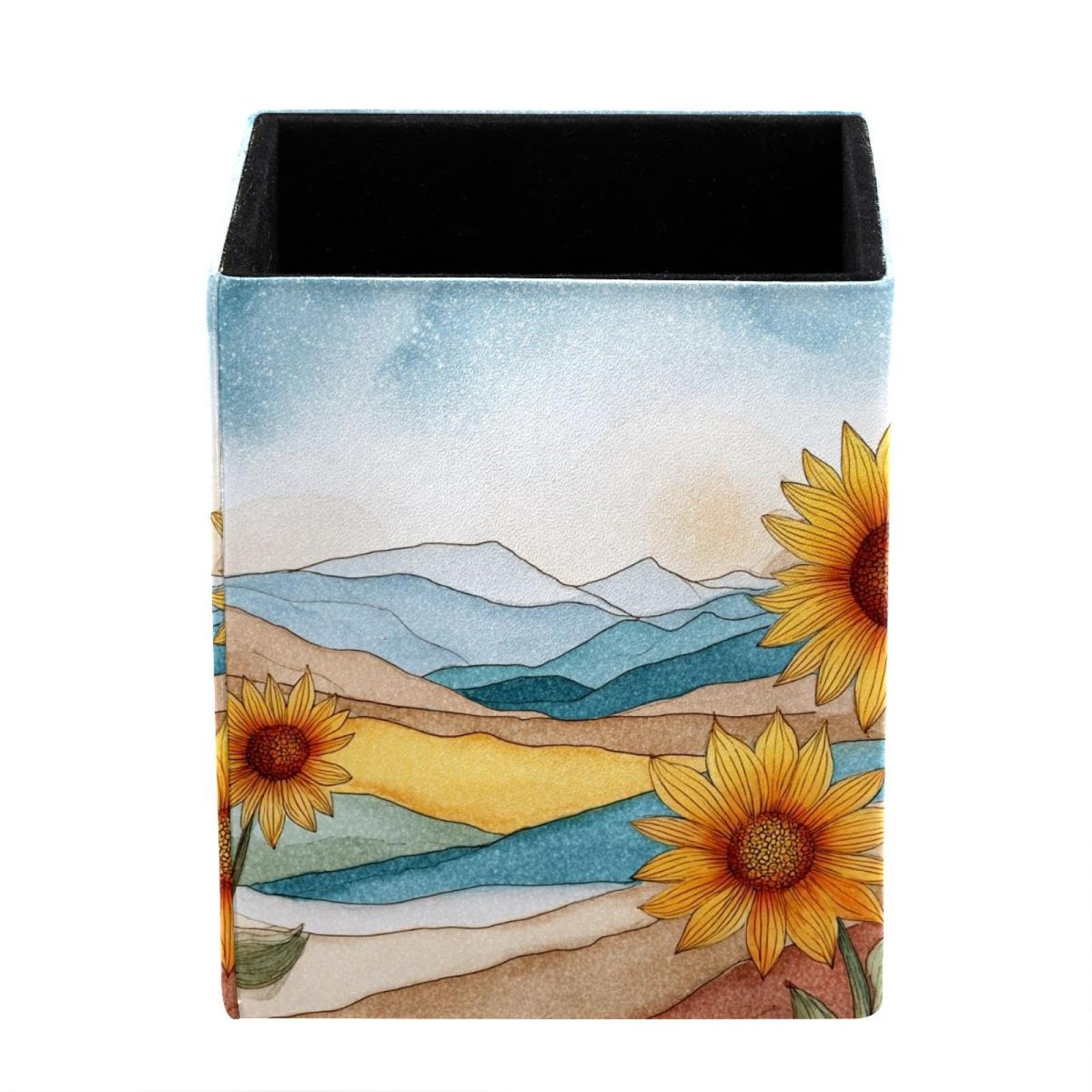 Watercolor Art Sunflower Desktop Storage Box Pencil Holder, Stationeries and Desk Supplies Organizer for Home, Office & School