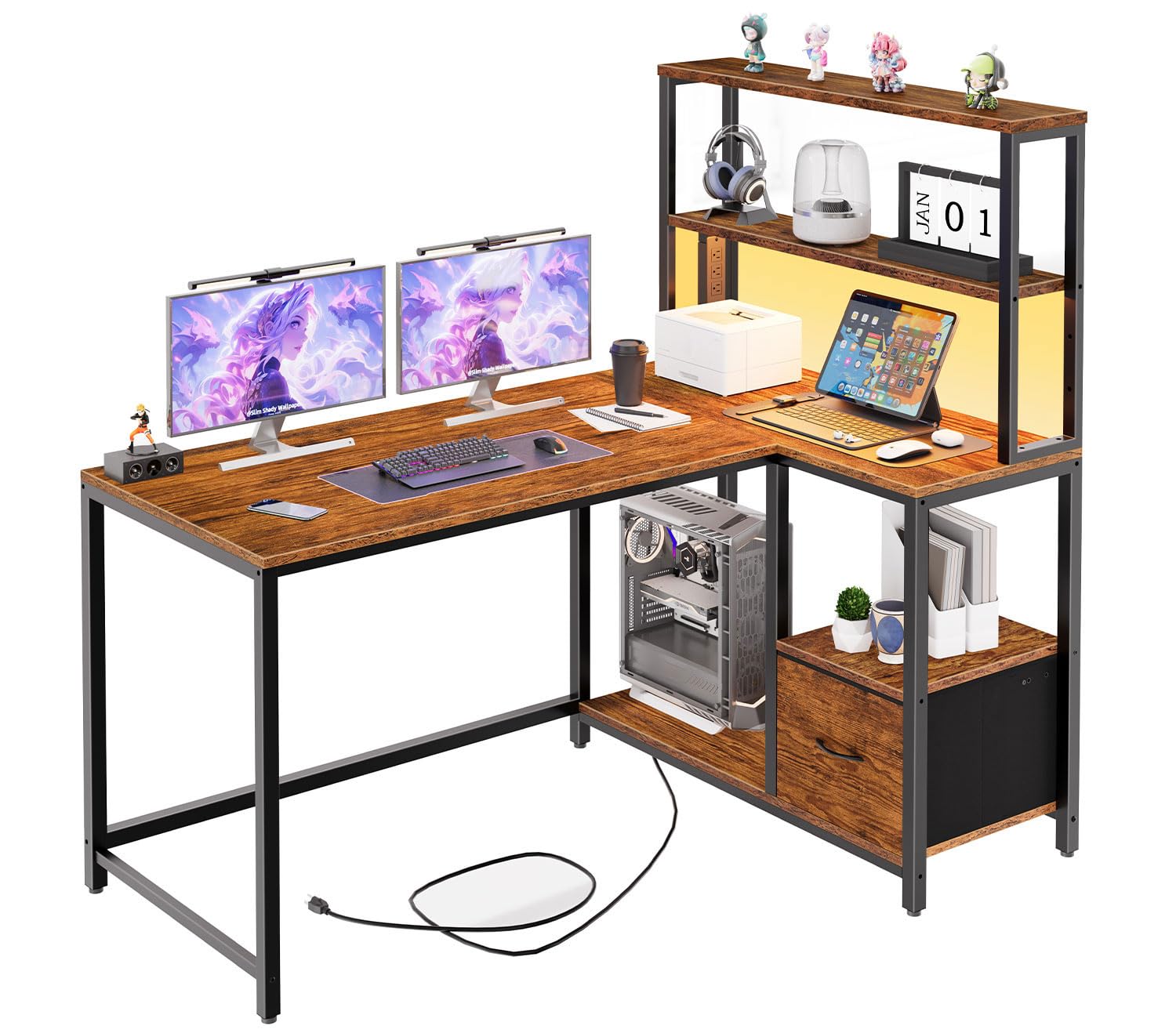 Photo 1 of HOOBRO L Shaped Gaming Desk, 46 Inch Reversible Computer Desk with LED Light & Power Outlet, Office Desk with Storage Shelves & Drawer, for Home Office, Study, Rustic Brown and Black BF18UDDN01