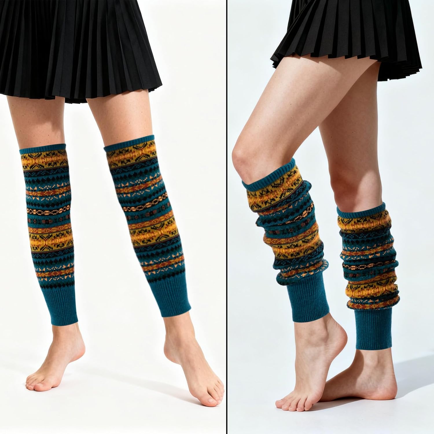 Womens Wool Leg Warmers Winter Striped Boho Long Thigh High Leg Warmer Y2K Knit Over Knee Footless Boot Cuffs Socks - Image 2