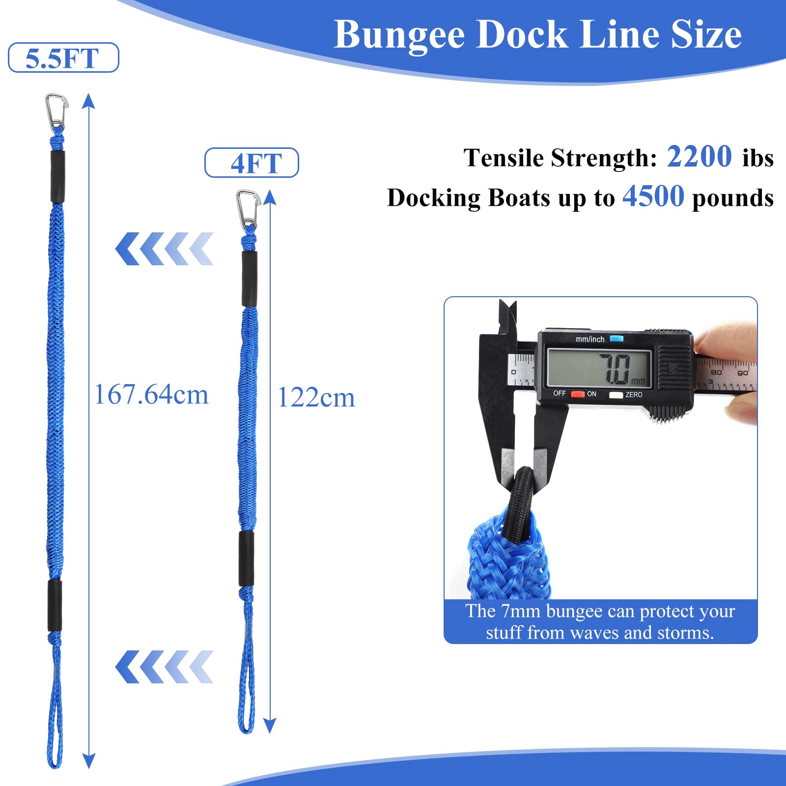 EFUTURETIME 2 x Festmacherleine Boot Bungee Seil 4 Feet (10cm), Bootsleine Festmacher Bungee Quick Release mit Auge und Haken, Tauwerk Bootszubehör für Boote, Motorboot, Blau