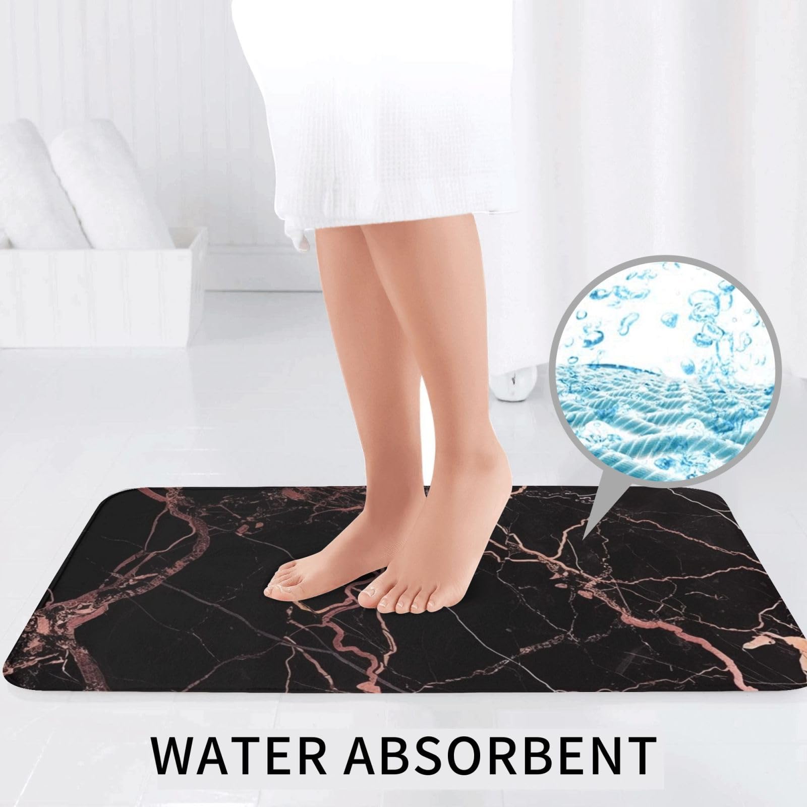 Lot de 3 tapis de bain antidérapants et absorbants en flanelle avec motif marbré noir et or rose