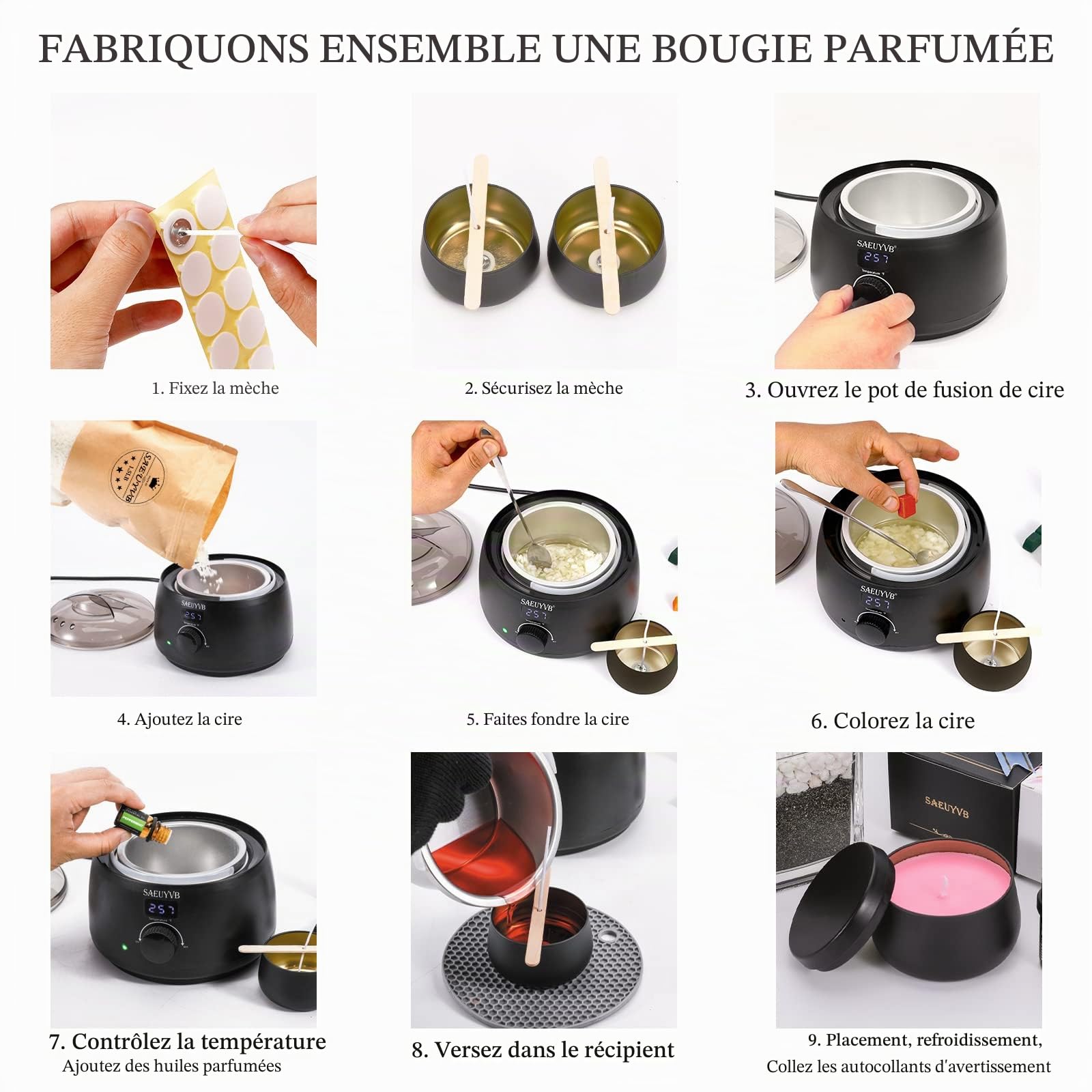 SAEUYVB Kit de fabrication de bougies pour adultes avec plaque chauffante, fournitures de fabrication de bougies de soja – Parfait comme décoration d'intérieur (noir)