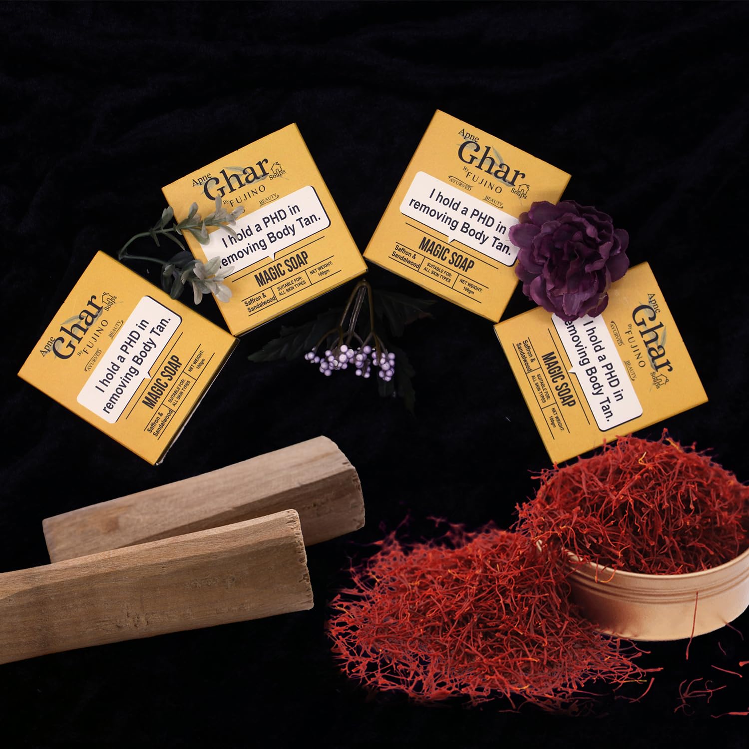 Fujino Apne Ghar Soap Sandalwood & Saffron Magic Soaps For Bath (100 Gms) | Paraben Free | Chandan & Kesar Bath Soap | Handmade Soaps For Glowing | Skin Brightening Soap For Men & Women (Pack of 4)