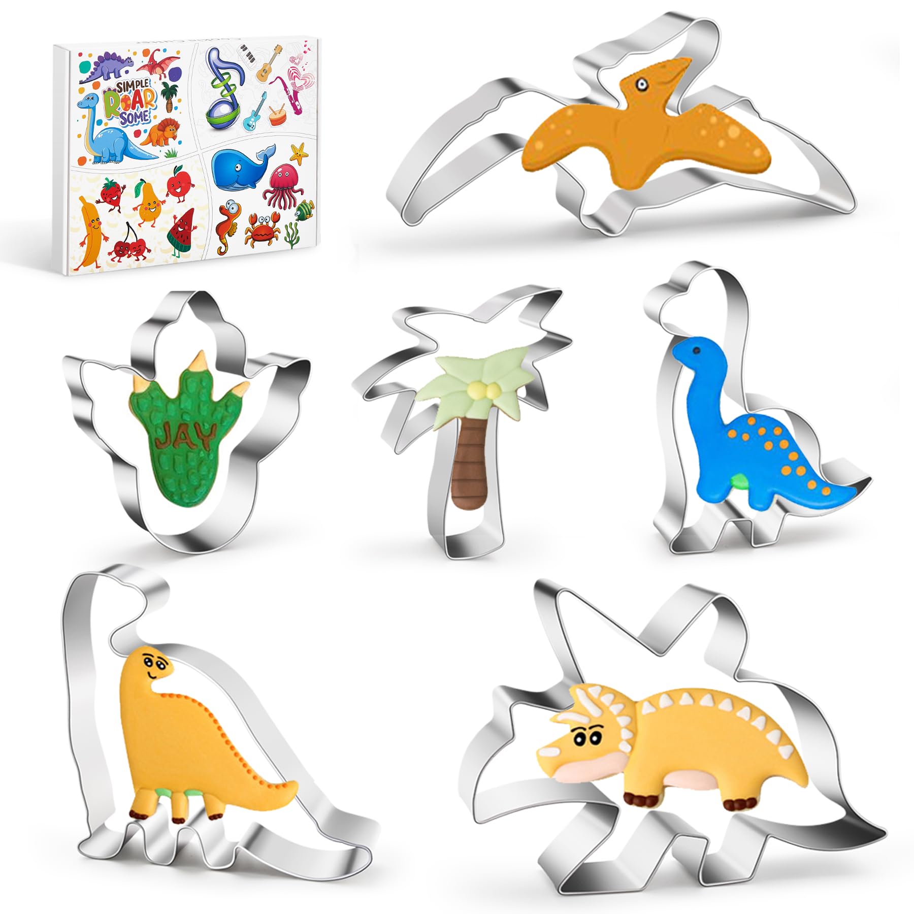 WGPG Dinosaur Cookie Cutters - 6PCS Large Stainless Steel Dinosaur Shapes Fondant Mold, Metal Cookie Sandwich Biscuit Cutter Molds For Baking, 3 x 4