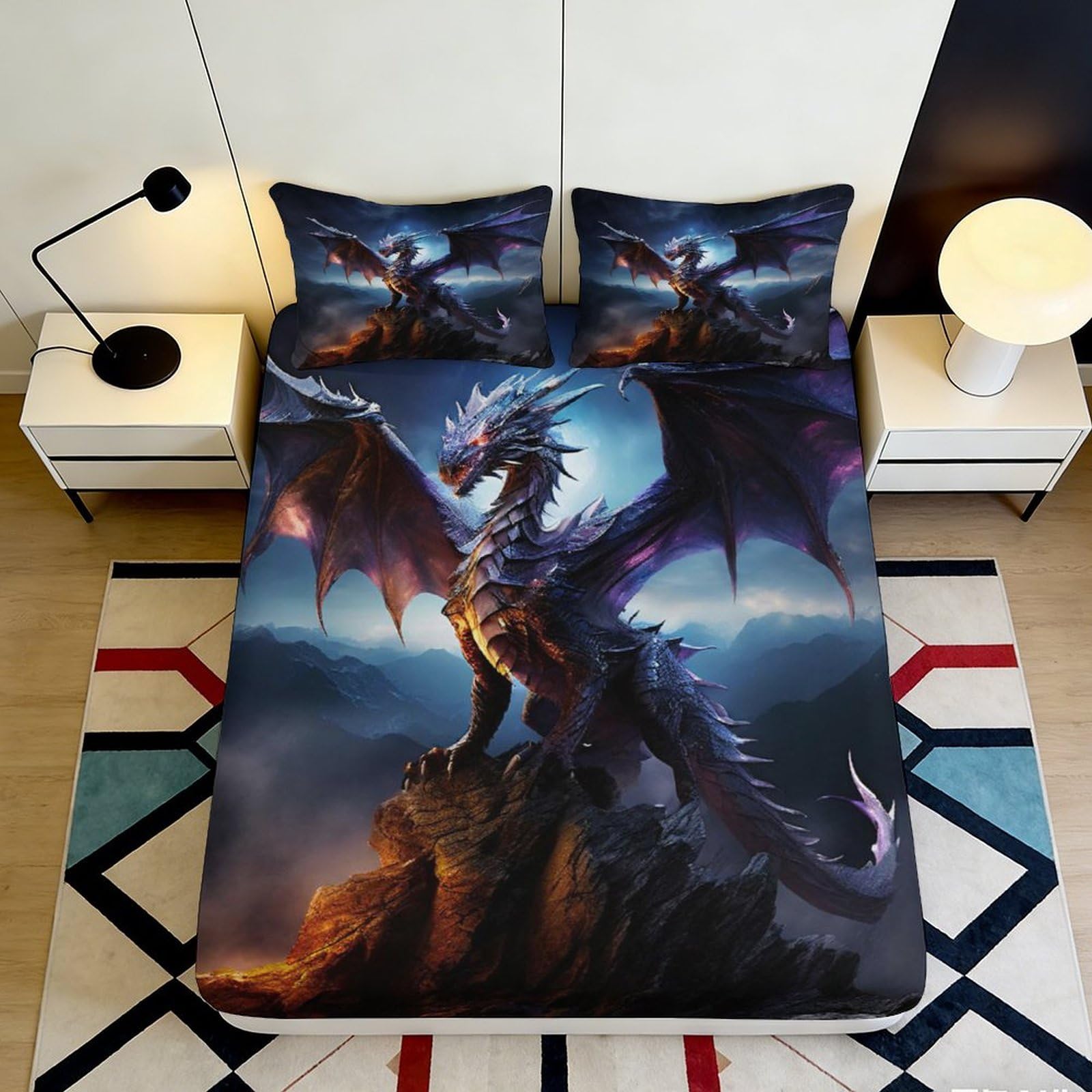 Pnayamiorkfel Style-4 3D Printed Dark Dragon Fitted Sheet Microfiber Soft Black Purple Fantasy Mountain Bed Cover For Bedroom Guestroom Decor 90X200x25cm