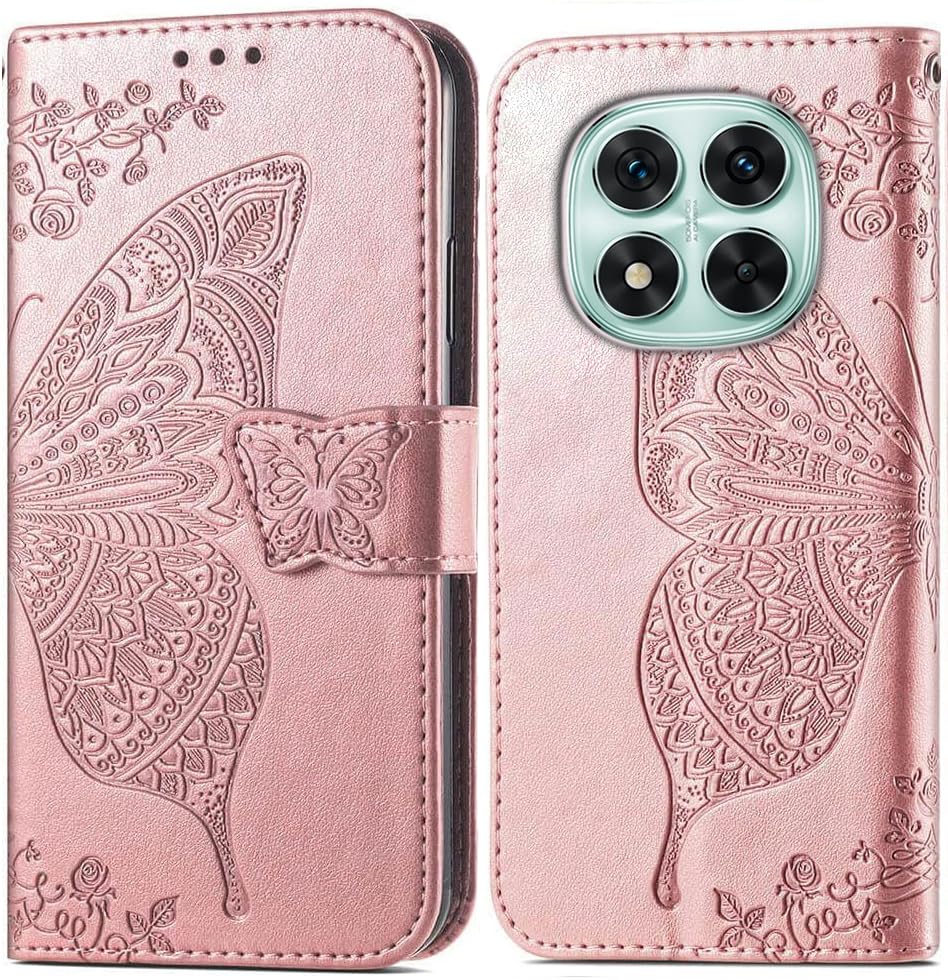 Image of ClickCase Butterfly Series for Redmi Note 15 Pro 5G Leather Embossing Wallet Flip Case Kick Stand Magnetic Closure Flip Cover for Redmi Note 15 Pro 5G (Rose Gold)