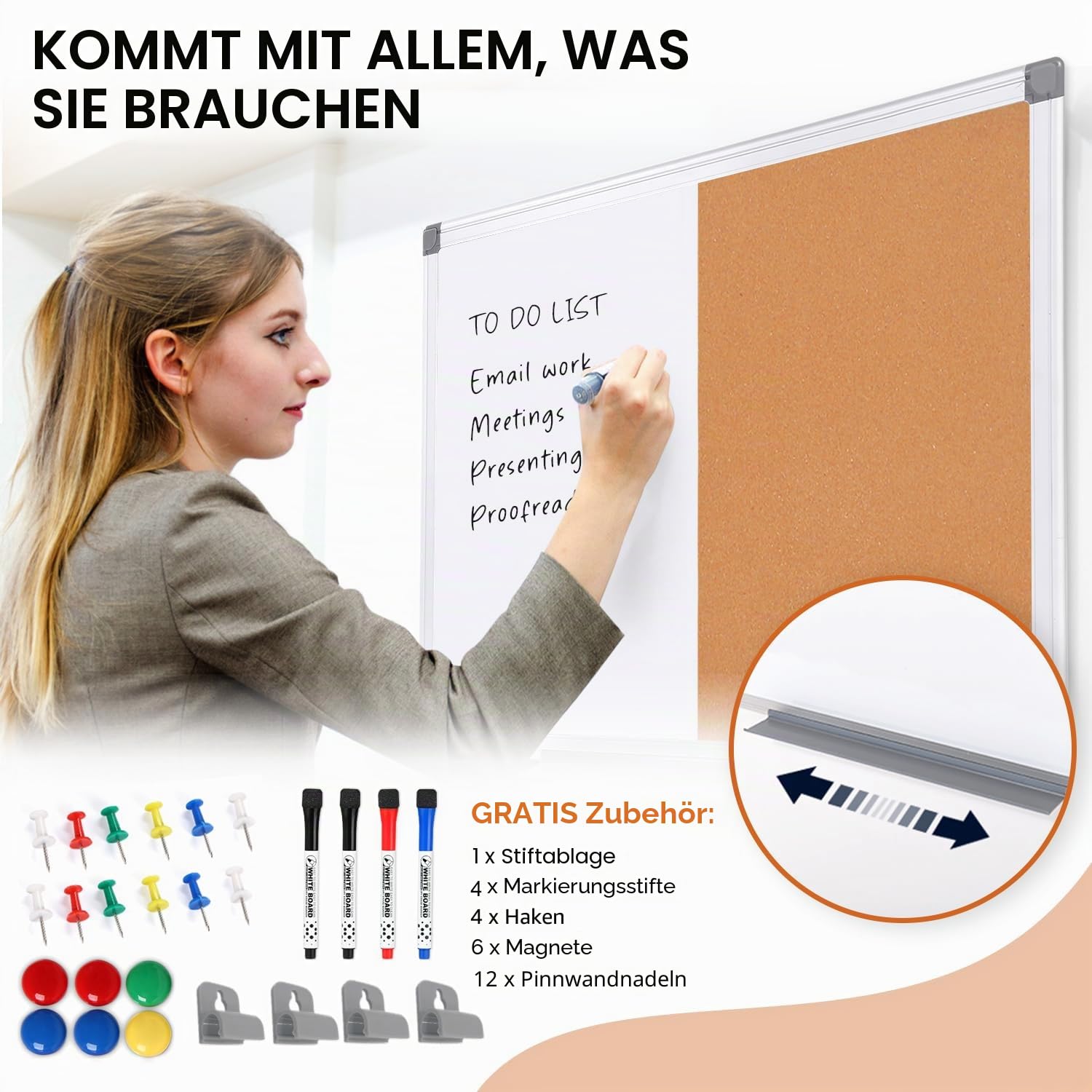 Swansea Whiteboard Magnettafel und Pinnwand Kork mit Aluminiumrahmen für Wohnung, Büro, Küche und Schule, 120x90cm