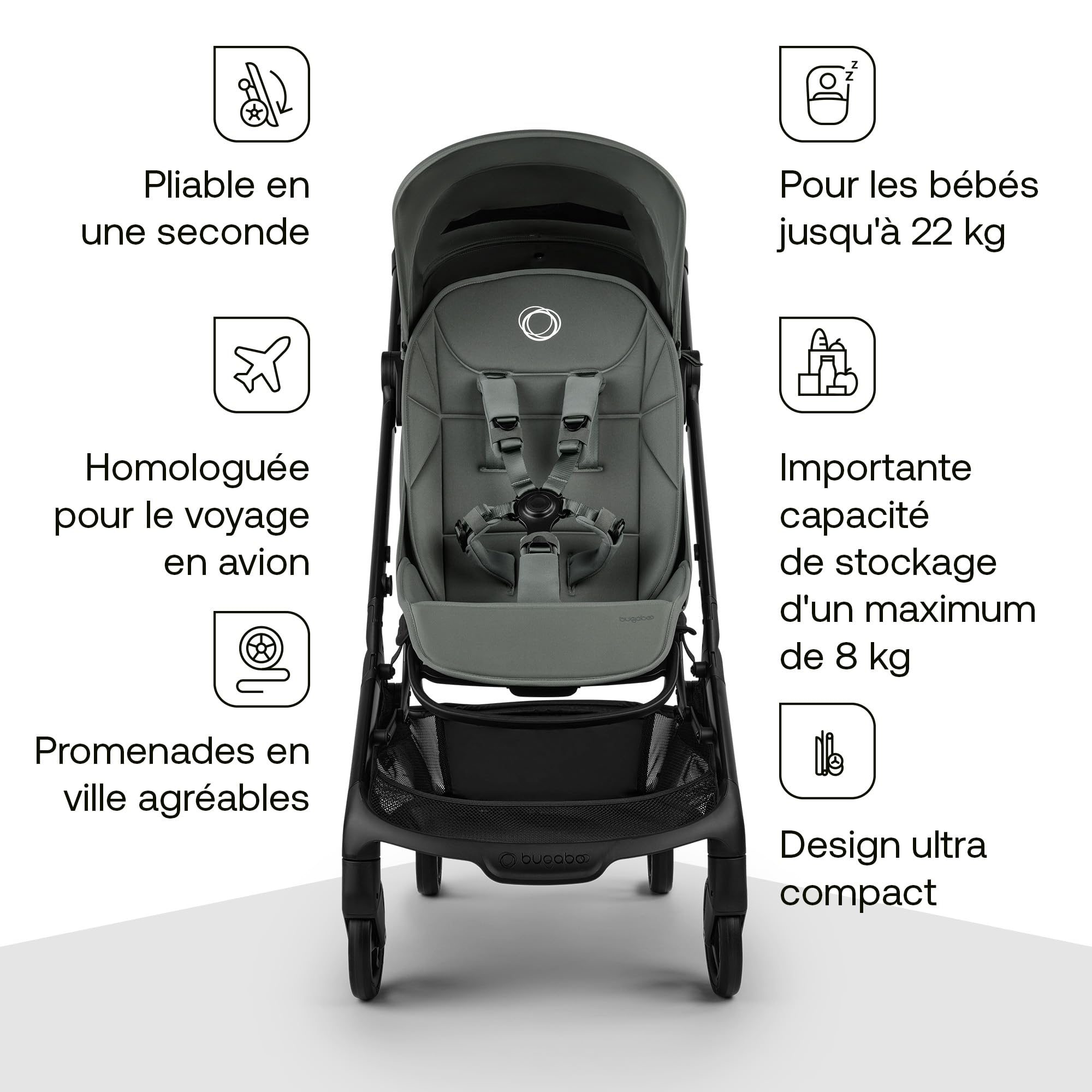 Bugaboo Butterfly 2 Poussette de voyage – Systèmes modulaires avec poignée et housse de pluie – Léger, pliable avec une main, assise inclinable, de 6 mois à 4 ans – Forest Green