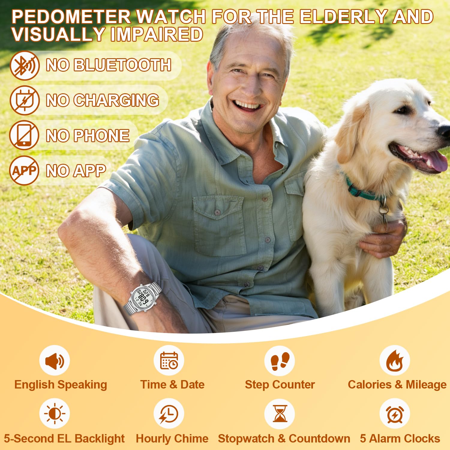 Hearkent Orologio digitale parlante con contapassi, tempo di conversazione, data, passi, calorie in inglese, 5 sveglie, retroilluminazione EL, numeri grandi LCD, senza Bluetooth, per anziani/ciechi