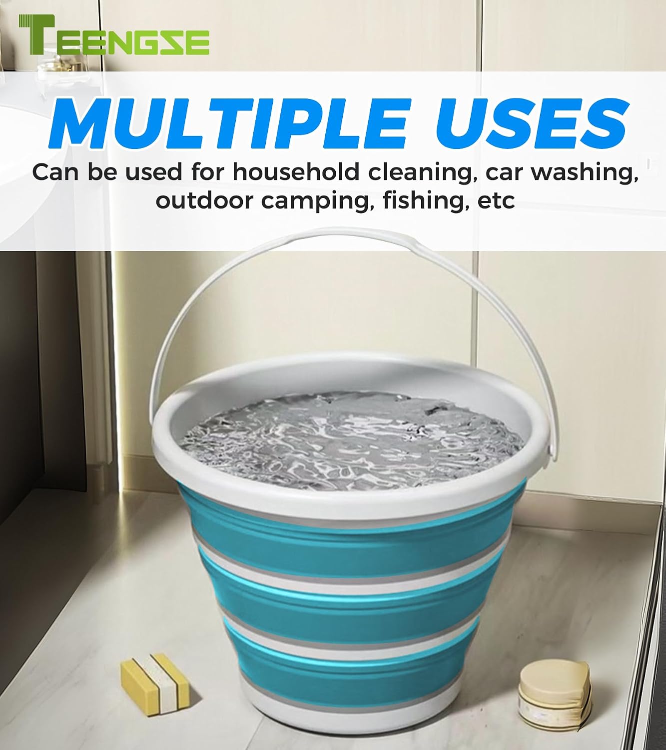 Portable Collapsible Bucket, TEENGSE 10L Large Capacity Silicone Hanging Cleaning Bucket for Car Washing/Fishing/Camping/Outdoor Travel, Multifunctional Foldable Water Bucket, Peacock Blue