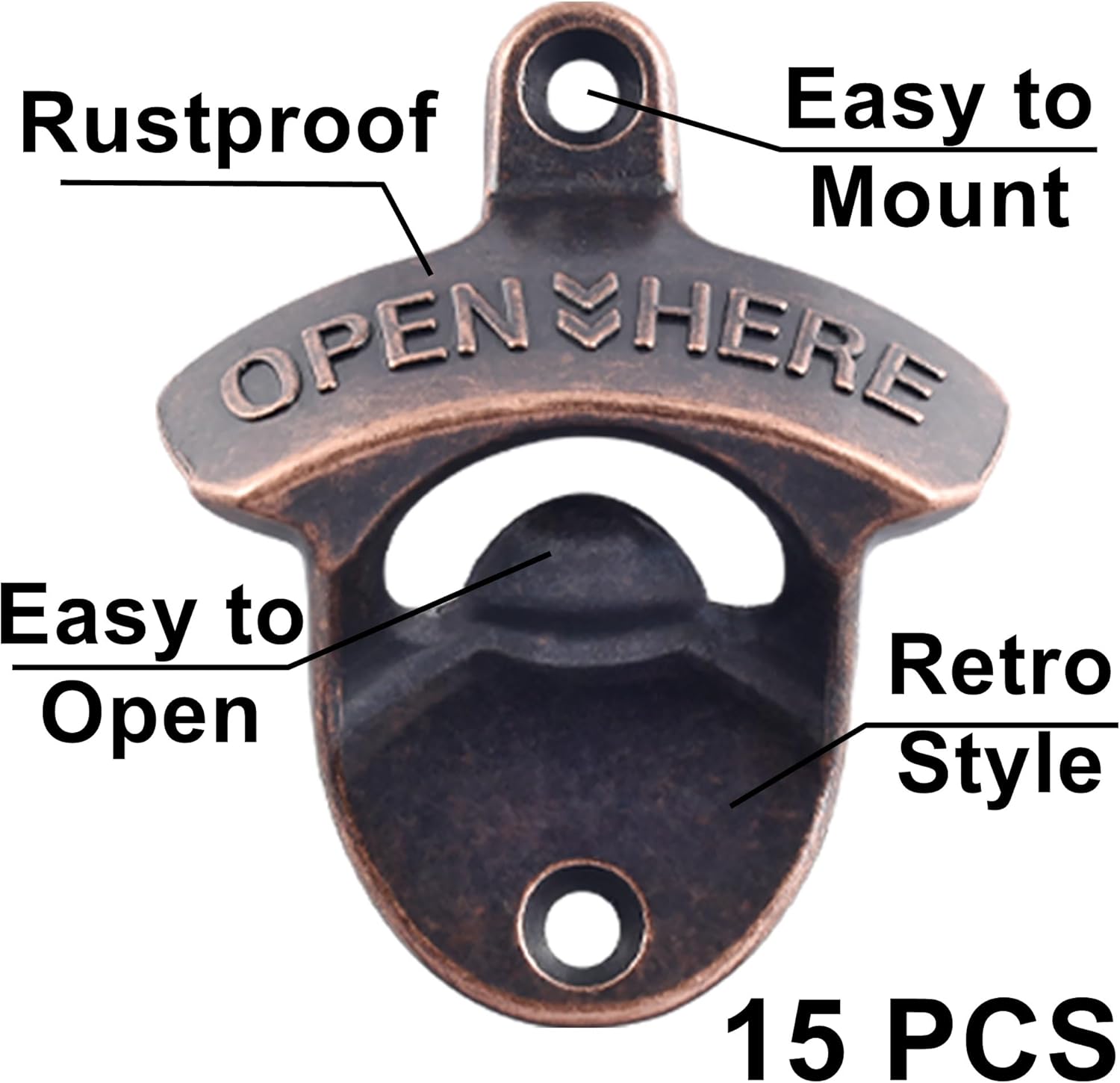 Retro Bottle Cap Opener Mountable - Stationary Wall Beer Bottle Opener Antique Copper - Cooler Mount Beer Bottle Top Opener Bulk Open Here (15 PCS)