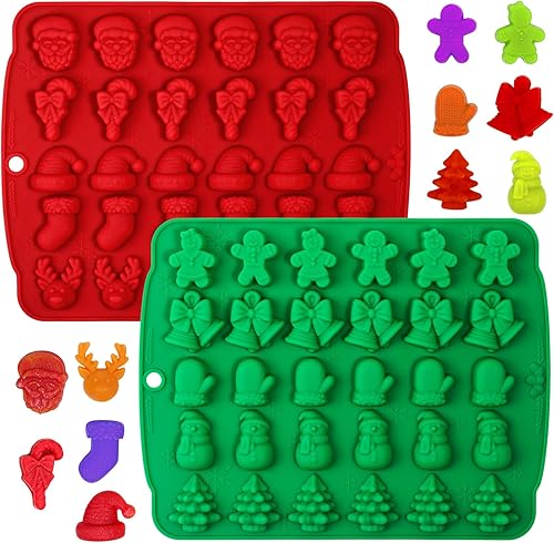 Moldes de caramelo de Navidad, 2 moldes de goma de Navidad de 30 cavidades, moldes de silicona para chocolate de Navidad, rojo y verde