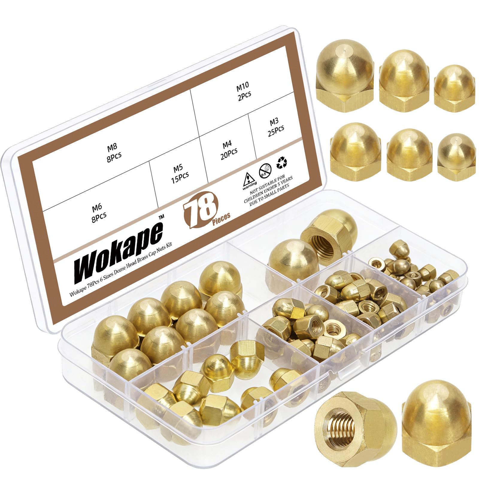 Wokape 78Pcs 6 Sizes Hex Acorn Nut Assortment Kit, M3 M4 M5 M6 M8 M10 Brass Metric Cap Nut Dome Head Hex Nuts Female Thread Dome Nuts for Bolt, light fixture-Gold