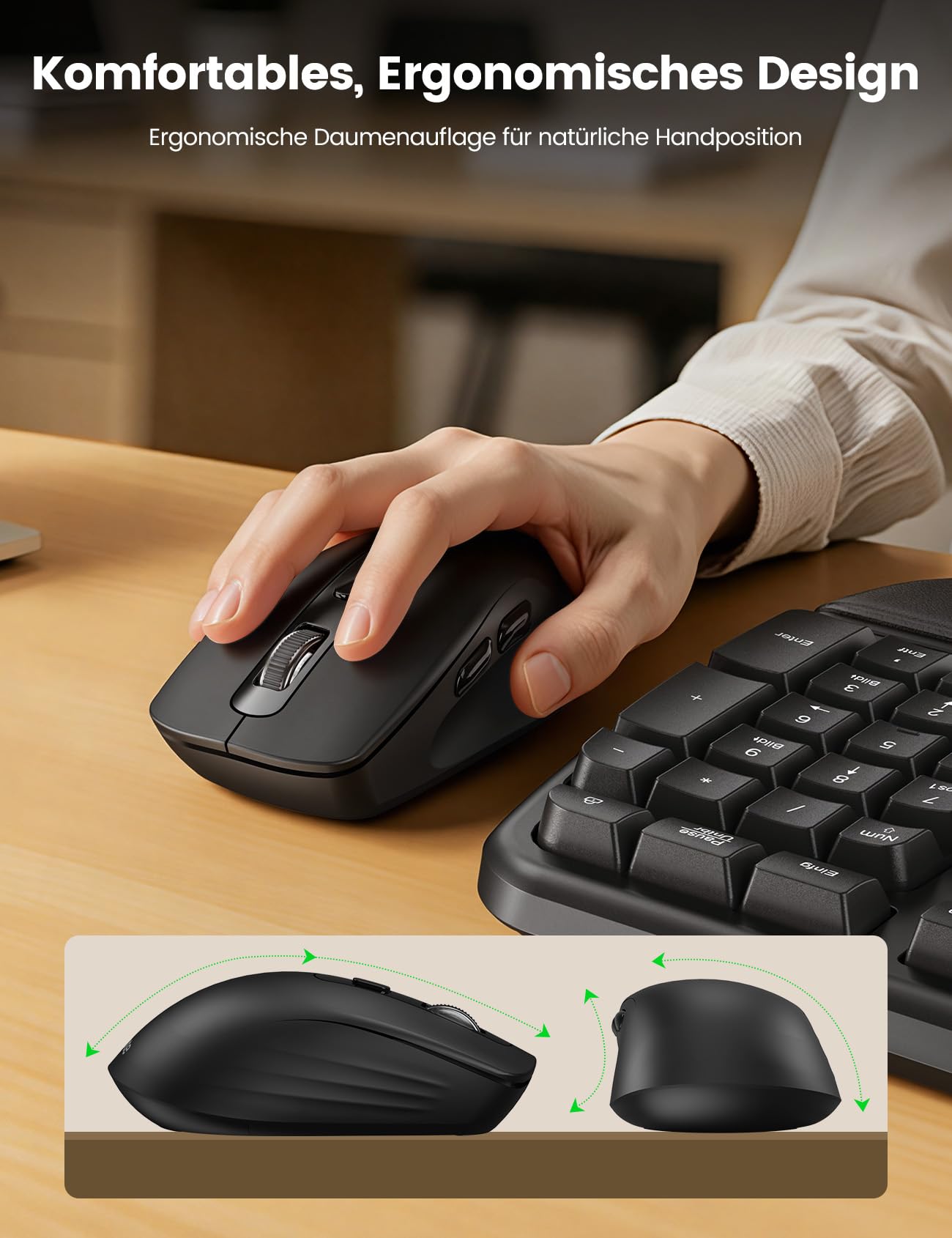 Tastatur Maus Set Kabellos, 2,4GHz Wave Tasten in Voller Größe, Ergonomische Tastatur mit Gepolsterte Handballenauflage und 4 Neigungswinkel, 3 DPI Maus für Windows/Mac OS/Desktop/Laptop/PC - MA31