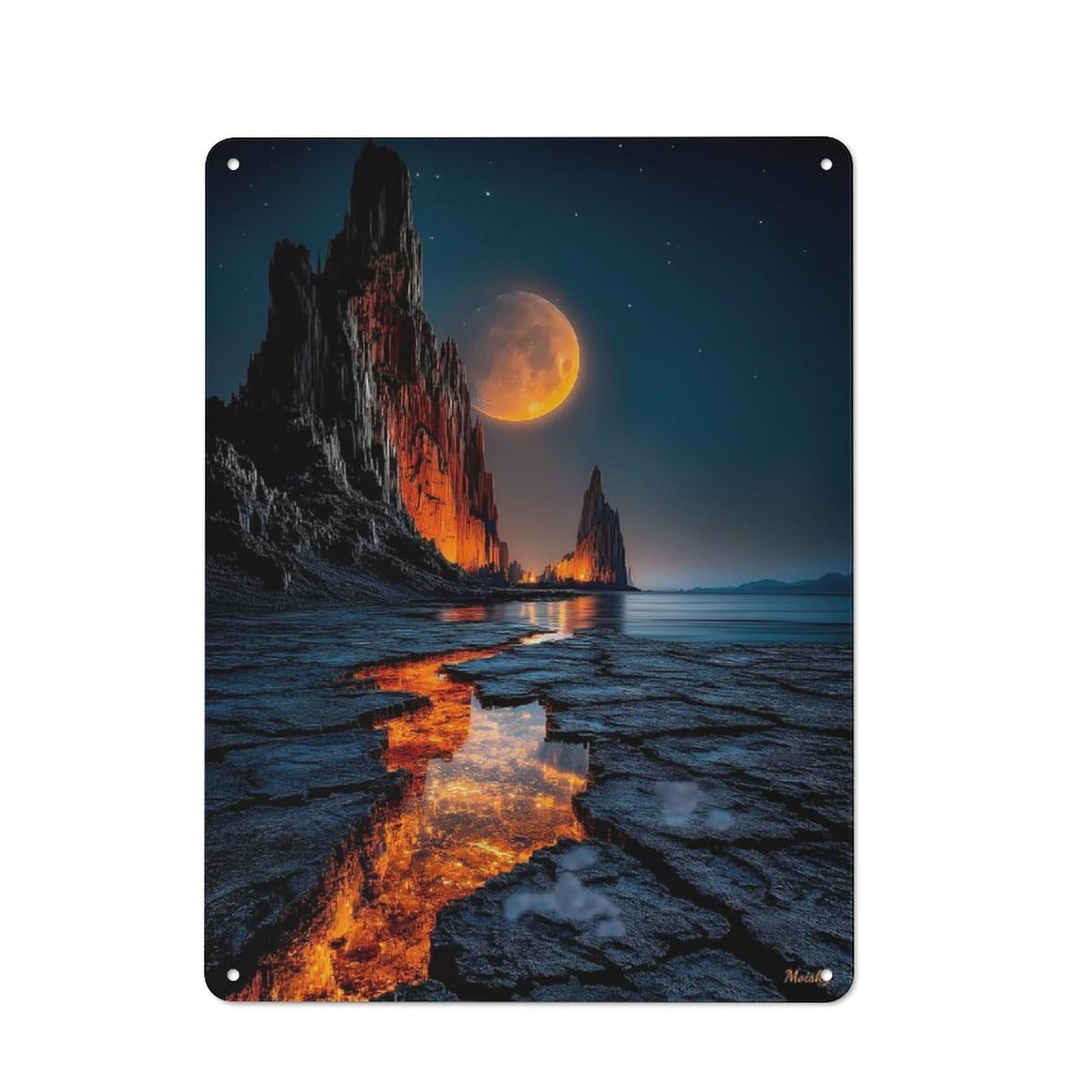 Junmoney Luminous Moonlit Cliffs With Fiery Lava Strea Metal Plaque 40X30cm With M – Vivid Horizon Landscape For Hallway Wall, Retro Decor, For Themed Interiors In Hallways And Entrance Areas