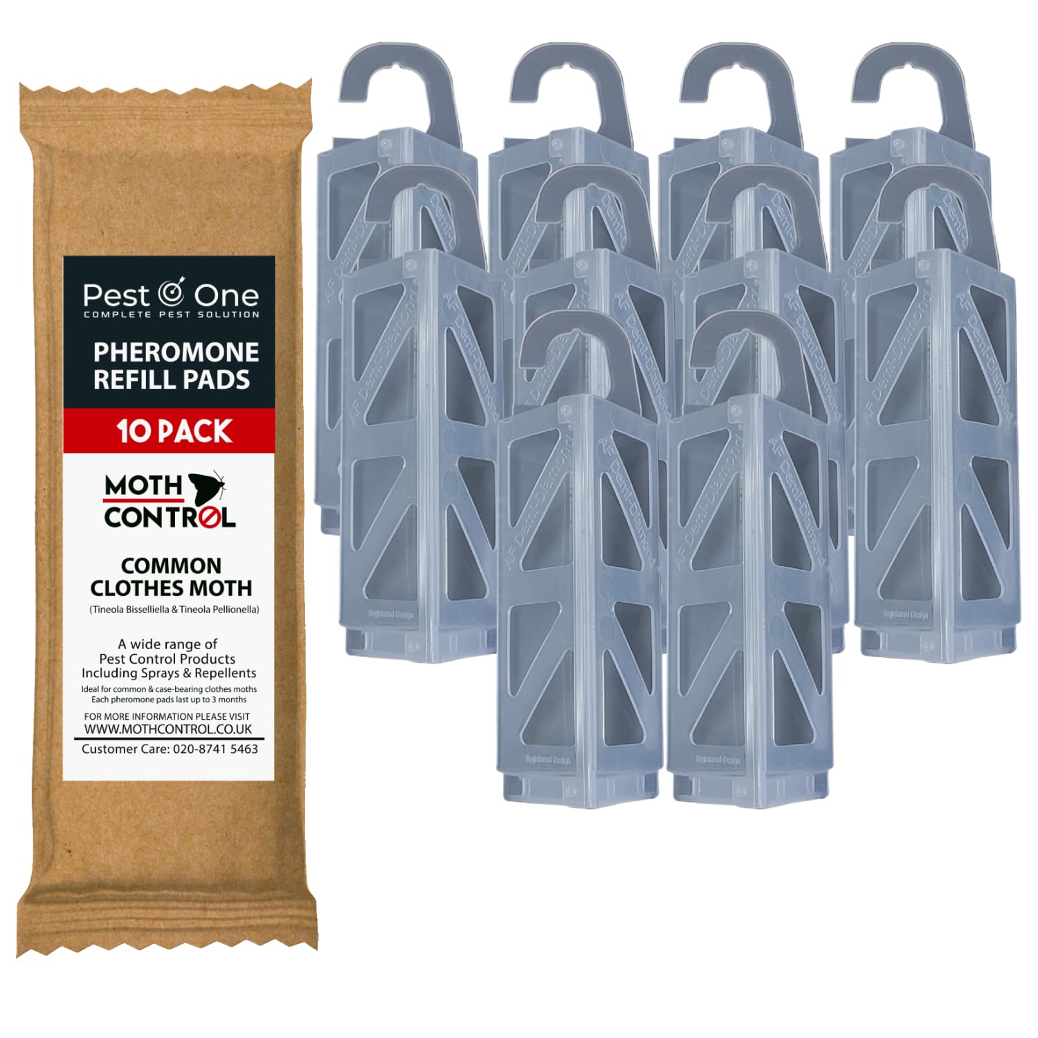 Clothes Moth Traps with Pheromone Refills (10 Traps + 10 Pads) | Sticky Diamond Glue Pads for Monitoring Tineola bisselliella & pellionella | Non-Biocidal | Safe for Home Use