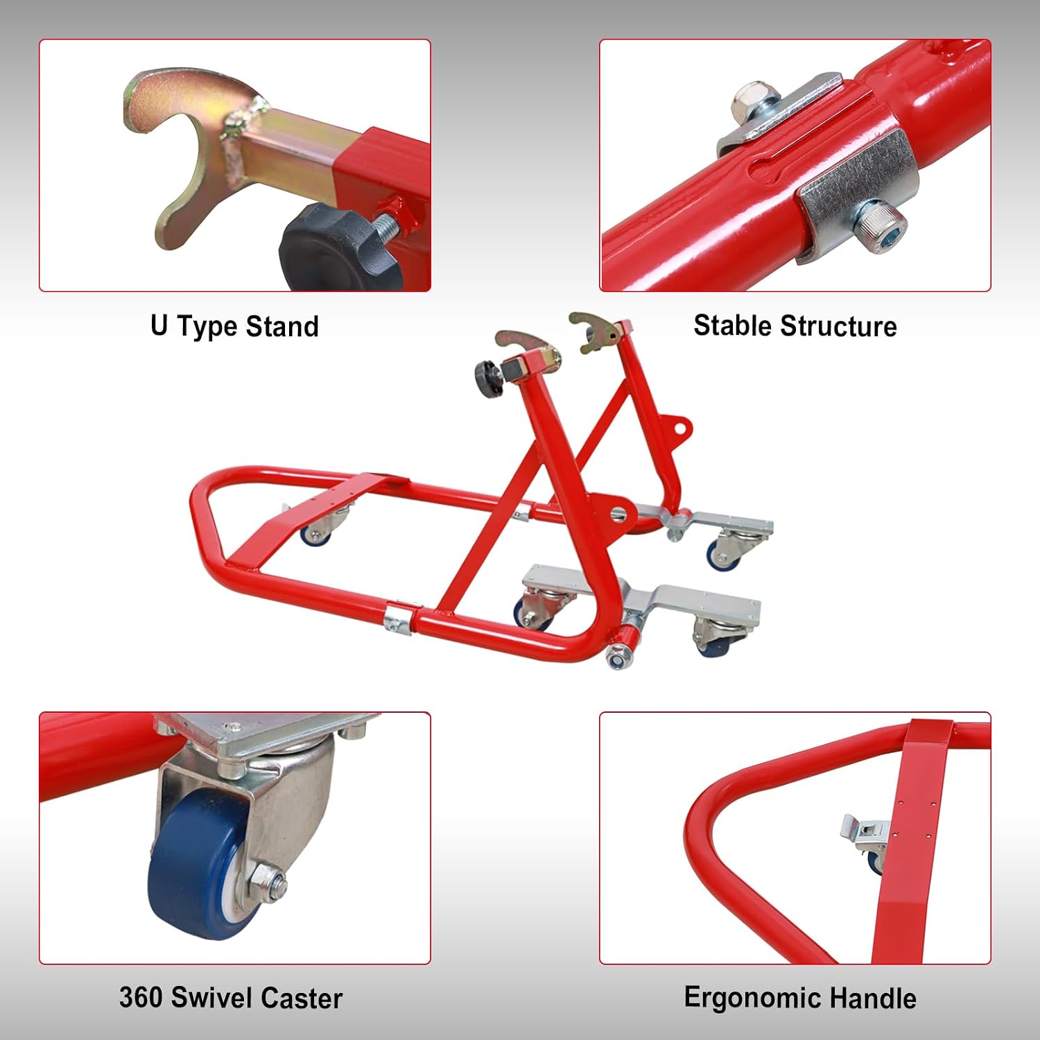 Jack Boss Motorcycle Stand Rear Combo Wheel Lift Stand, 750LBS Capacity Swingarm Paddock Stand for Sport, with 360 Swivel Caster Red