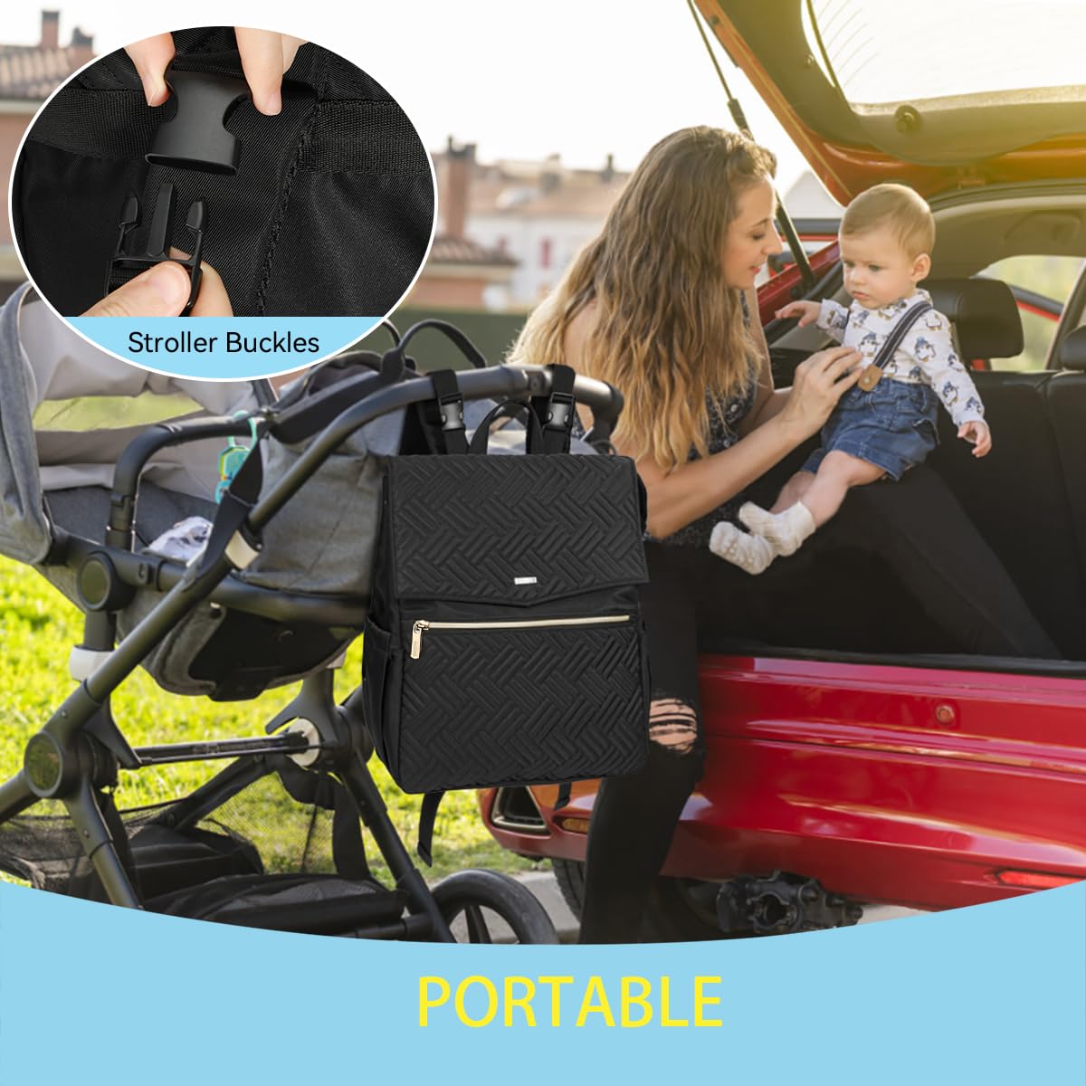 LANDICI Sac à langer multifonction pour bébé, sac à dos élégant avec matelas à langer, sangles de poussette pour maman, papa, garçon, fille