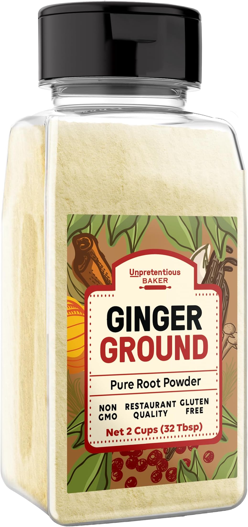 Unpretentious Ground Ginger, 2 Cups, Gluten Free, Indian & Asian Cuisine, Slotted Cap Spice Shaker