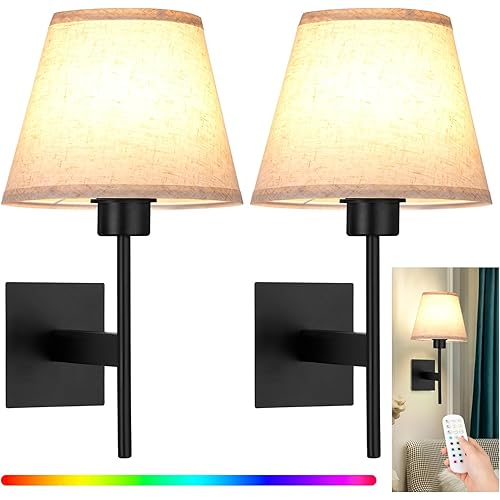 Battery Operated Wall Sconce Set of 2 with Remote Control, Wireless Rechargeable Wall Lights with Dimmable Detachable RGB Light Bulb for Bedroom Living Room Hallway Kitchen, Black