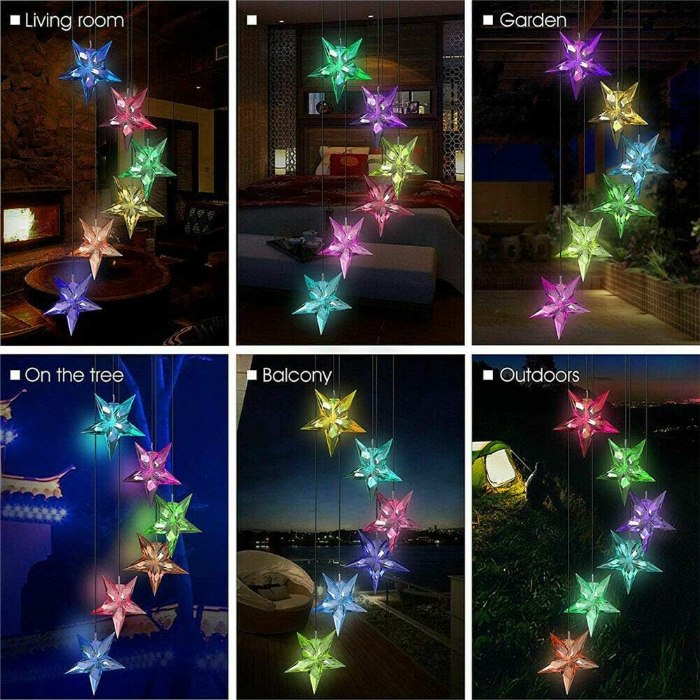 Color Changing Solar Power Wind Chime Blue Star LED Wind Chime Wind Mobile Portable Waterproof Outdoor Decorative Romantic Wind Bell Light for Patio Yard Garden Home