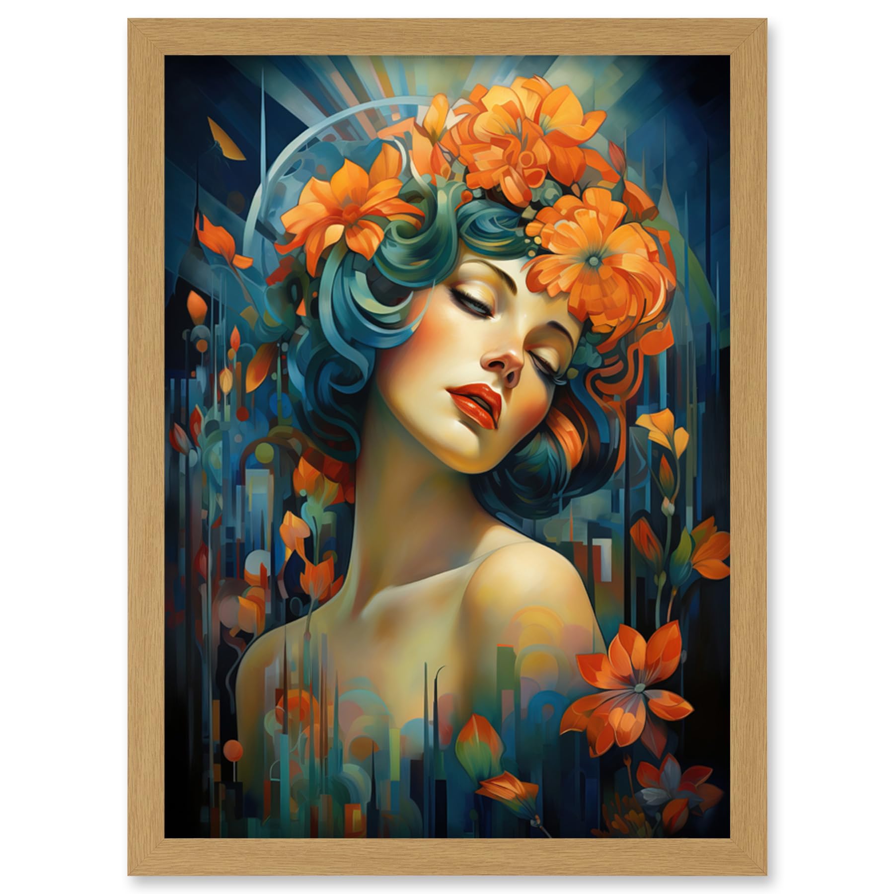 Artery8 Woman Portrait with Flowers Modern Art Deco Vibrant Artwork Orange Blue Floral Headband Artwork Framed Wall Art Print A4