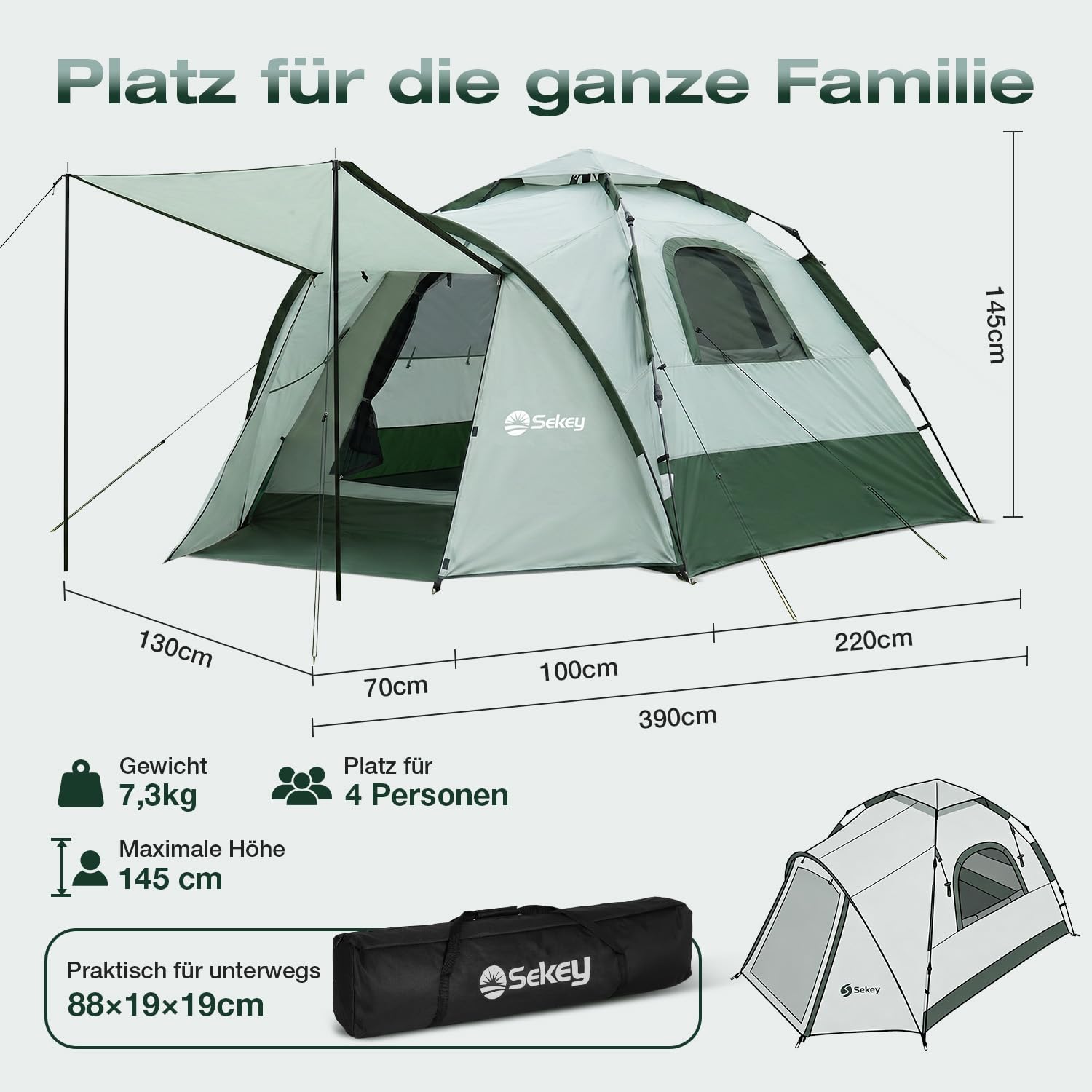 Sekey Pop Up Zelt 2 Personen, 2-in-1 Campingzelt mit Innenzelt oder Strandzelt ohne Innenzelt, Schnellaufbau Automatik Zelt Wasserdicht PU3000 UPF50+,